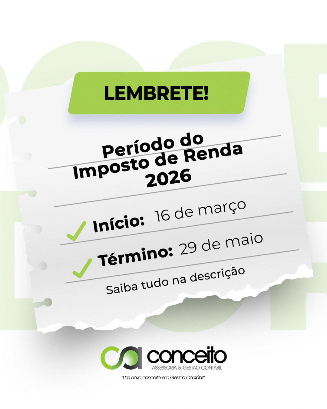 Salve as datas: A temporada do Imposto de Renda 2026 já tem calendário definido! 🗓️🦁
A Receita Federal confirmou o prazo para acertar as contas com o Leão este ano: de 16 de março a 29 de maio. Embora pareça que ainda falta tempo, deixar para a última hora é o erro número um que leva os contribuintes para a Malha Fina.
Por que começar a se organizar agora?
✅ Restituição mais rápida: Quem entrega nos primeiros dias geralmente entra nos primeiros lotes de restituição (dinheiro no bolso mais cedo!).
✅ Documentação completa: Você tem tempo hábil para solicitar informes de rendimentos bancários, recibos médicos e comprovantes escolares que podem estar faltando.
✅ Sem correria: Evite a lentidão e os travamentos do sistema da Receita nos dias finais do prazo.
Já comece a separar sua pasta de documentos. Se precisar de ajuda para declarar com segurança e garantir todas as deduções legais possíveis, conte com a nossa equipe.
Fale com a Conceito: 📲 (51) 99954-9953 | 🌐 www.conceito.cnt.br
#ImpostoDeRenda2026 #IRPF2026 #MalhaFina #ContabilidadePessoaFisica #RestituicaoIR #ConceitoContábil