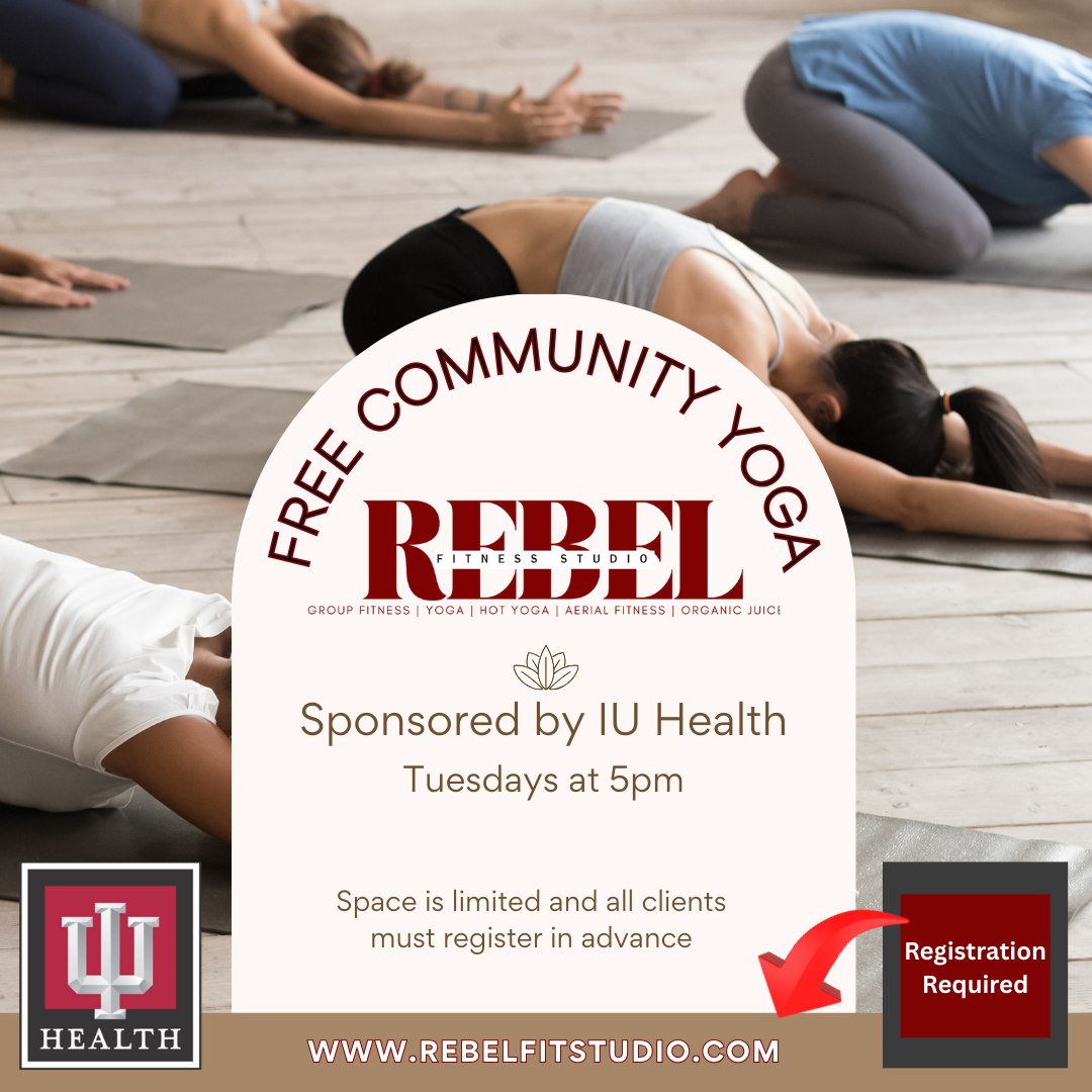 Join us for free community yoga sponsored by IU Health today at 5pm! Space is limited and must be reserved in advance on our website.
.
#mytribe #317yogis #strongisthenewpretty #lovethebodyyourein #yogaeverydamnday #shoplocal #Community #smallbusiness #rebelfitstudio #rebelsalwaysrise #hendrickscountyindiana #plainfieldindiana #brownsburgindiana #danvillein