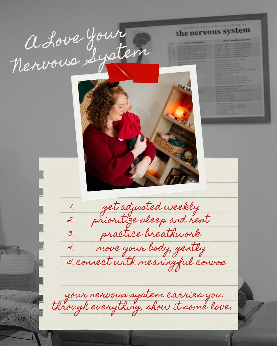 "Dear Nervous System,
You've carried me through every hard conversation, sleepless night, heartbreak, and overwhelming day. You've kept my heart beating, my lungs breathing, my body healing, even when I didn't give you the support you deserved.
This year, I want to say thank you and I want to show you some love."
Here are 5 ways to care for your nervous system this month (and every month):
1. Get Adjusted Regularly
Remove the interference. Restore clear communication between your brain and body. Give yourself the foundation for optimal function.
2. Prioritize Deep Sleep
Your nervous system repairs and resets during sleep. 7-9 hours isn't indulgent, it's essential for hormone regulation, mood stability, and healing.
3. Practice Breathwork
Deep, intentional breathing activates your vagus nerve and shifts you out of fight-or-flight mode. Try 4-7-8 breathing: inhale for 4, hold for 7, exhale for 8. Instant reset.
4. Move Your Body Gently
Walking, stretching, yoga—gentle movement signals SAFETY to your nervous system. You don't need intense workouts. You need joyful, consistent movement.
5. Connect with Safe People
Your nervous system co-regulates with others. Hugs, laughter, deep conversations, these tell your brain you're safe. You're wired for connection. Let yourself receive it.
Your nervous system is your lifeline. It controls everything: how you sleep, heal, digest, handle stress, and show up in the world.
This Valentine's Day, instead of just celebrating romantic love, let's celebrate the incredible system that makes it all possible.
Give your nervous system the care it's been begging for.
.
.
.
#wildbloomchiro #gallatintn #sumnercounty #valentinesday #love #nervoussystem