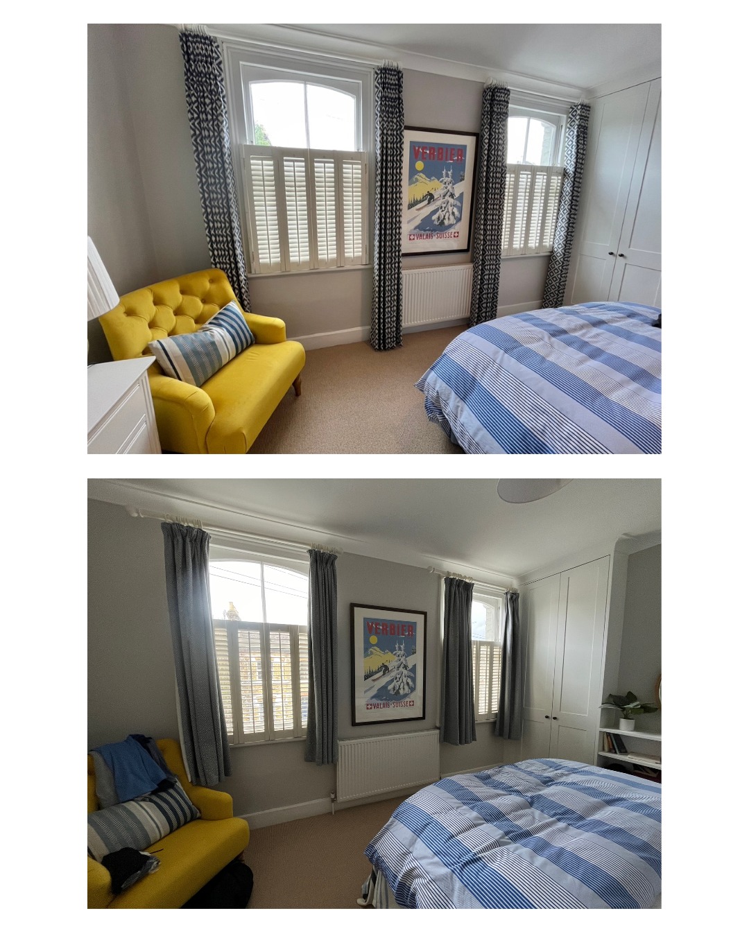 What a difference a foot makes! We made two pairs of interlined and lined curtains using an ikat geometric patterned fabric from @gpjbaker hanging from @cameron_fuller_limited off white poles and made sure they reached the floor. It's not a huge amount of fabric extra but boy what an improvement to having half length ones, don't you think? #curtainmaker #windowtreatments #southlondon #bespoke #localmaker #localmakers #fulham #softfurnishings #custommade #balhammums #southwestlondonmums #madetomeasure #wandsworth #tootingnewsie #Earlsfield #interiordecor #interiorinspo #TootingBec #tooting #balhammums #balhamlife