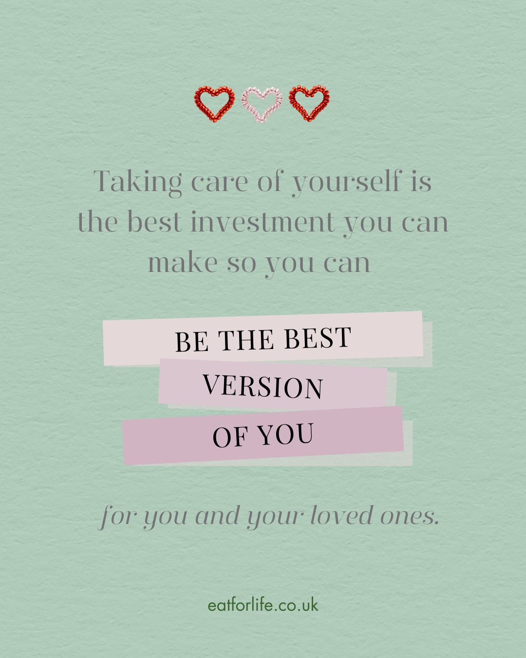As Valentine’s day is approaching and shops are full of flowers, chocolates, cards and restaurants are packed have you ever considered prioritising yourself and your health so you can be the best version of you for yourself (the person you spend every day with is YOU after all) and your loved ones?
A Metabolic Balance plan will provide you with personalised nutrition that will balance your hormones, reset your metabolism and reduce inflammation allowing your body to heal itself. It is the best gift you or your loved one can give you.
And as love is in the air and I feel in a giving mood, I will give the first 3 people who sign up before the end of March, £200 off the 12 weeks Metabolic Balance programme.
Email me at hello@eatforlife.co.uk so we can arrange a call to discuss whether Metabolic Balance is the right solution for you.
#ValentinesSelfLove
#LoveYourHealth
#TheGiftOfHealth
#MetabolicBalance
#PersonalisedNutrition
#InvestInYourself
#MidlifeWellness
#FeelLikeYouAgain
#HealthIsTheNewRomance
#ValentinesOffer
#WellbeingJourney