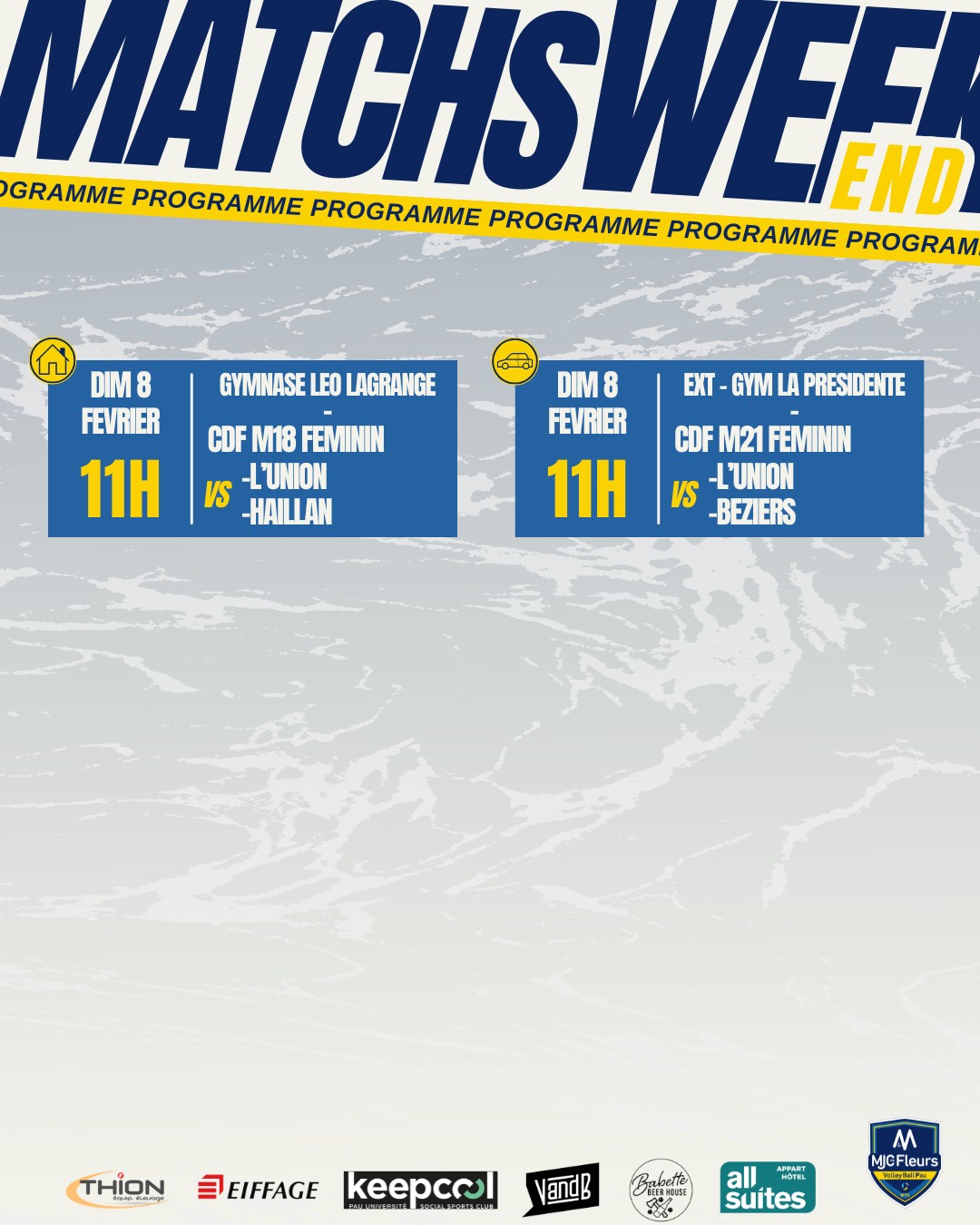 🌸 Programme du week-end 🌸
Week-end Coupe de France ! 🏆
Dimanche 8 Février
🏠 Coupe de France M18 F, 11h gymnase Léo Lagrange contre L'union et le Haillan.
🚗 Coupe de France M21 F, 11h gymnase La Présidente (Béziers) contre Béziers et L'union
📸 ; @sowaho0
🙌 Partenaires ;
@Thion Equip'Elevage / @keepcoolpau / @vandbpau /
@all_suites / @babettebeerhouse