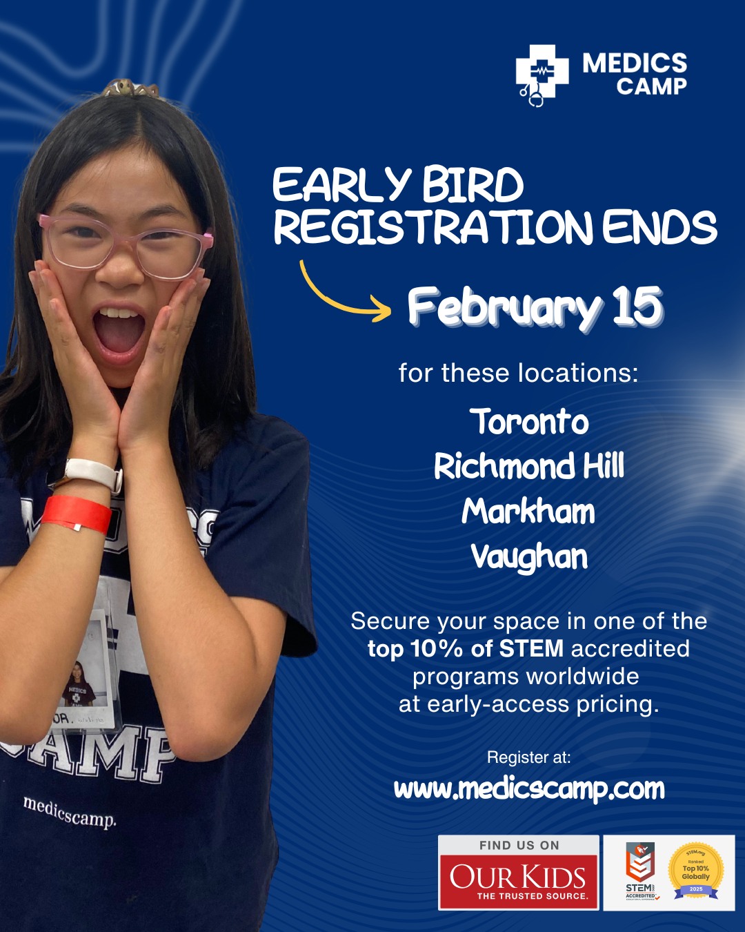 Our 10th Anniversary season is shaping up to be our most immersive yet! 🩺✨
From real-world medical simulations to deep-dives into forensic science, we’re ready to help your future healthcare hero discover their potential and passion for helping others.
The Early Bird window is closing for our locations in Toronto, Richmond Hill, Markham, and Vaughan.
Secure your child’s spot by February 15th to take advantage of our early-access pricing.
#GTASummerCamps #RichmondHill #Vaughan #Markham #Toronto