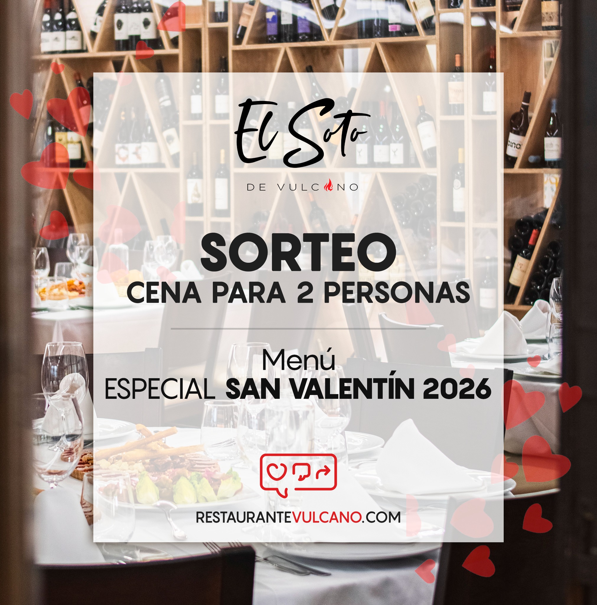 SORTEO ESPECIAL SAN VALENTÍN ❤️🔥
**Sorteo CERRADO: Ganadora @cristina_rozalen. Enhorabuena 🎊🎈. Gracias a todos por participar! 🫶🏼
Disfruta con tu pareja de una velada perfecta en El Soto de Vulcano y nuestro nuevo Menú de San Valentín con este magnífico SORTEO ONLINE.🎁🎊🎉
Puedes ver el Menú en la publicación anterior 😉
Participa ahora:
🔸 Haz Like en este post y en el anterior. 👍 + 👍
🔸 Síguenos 👉 @vulcano.murcia. 🔥
🔸 Comenta etiquetando a esa persona especial o cualquier amigx 💗 (Sin límite de comentarios)
🔹 Extra: Comparte este post en tus historias, y etiquétanos para que podamos verlo y contará +1 Participación 👌. (Puedes compartir 1 vez al día hasta el fin del sorteo)
Anunciaremos al ganador el próximo Miércoles 11 de Febrero desde nuestras historias.
⚠️ADVERTENCIA: En sorteos anteriores, una cuenta falsa intentó hacerse pasar por nuestra empresa con intención de estafar a los participantes. El Soto de Vulcano, nunca enviará un enlace o link por privado, ni pedirá un pago de ningún tipo para canjear su premio. Asegúrese de que está participando en nuestra cuenta oficial. Gracias por vuestra confianza.
🍀 ¡Mucha suerte a todos! 🍀
El Soto de Vulcano 🔥.
📍Carril del Soto, 14.
(Junto al paseo del Malecón)
📞 667 384 568 - 968 953 945
⠀⠀⠀⠀⠀⠀⠀⠀⠀
restaurantevulcano.com
⠀⠀⠀⠀⠀⠀⠀⠀⠀
⠀⠀⠀⠀⠀⠀⠀⠀⠀
#elsotodevulcano #vulcano #gastronomía #restaurante #murcia #cocina #foodie #hornojosper #gastro #brasas #steaklover #chef #bbqlover #gastro #arroces #pulpo #carnes #marisco #pescado #eventos #regiondemurcia #sanvalentin #sorteomurcia #sorteo