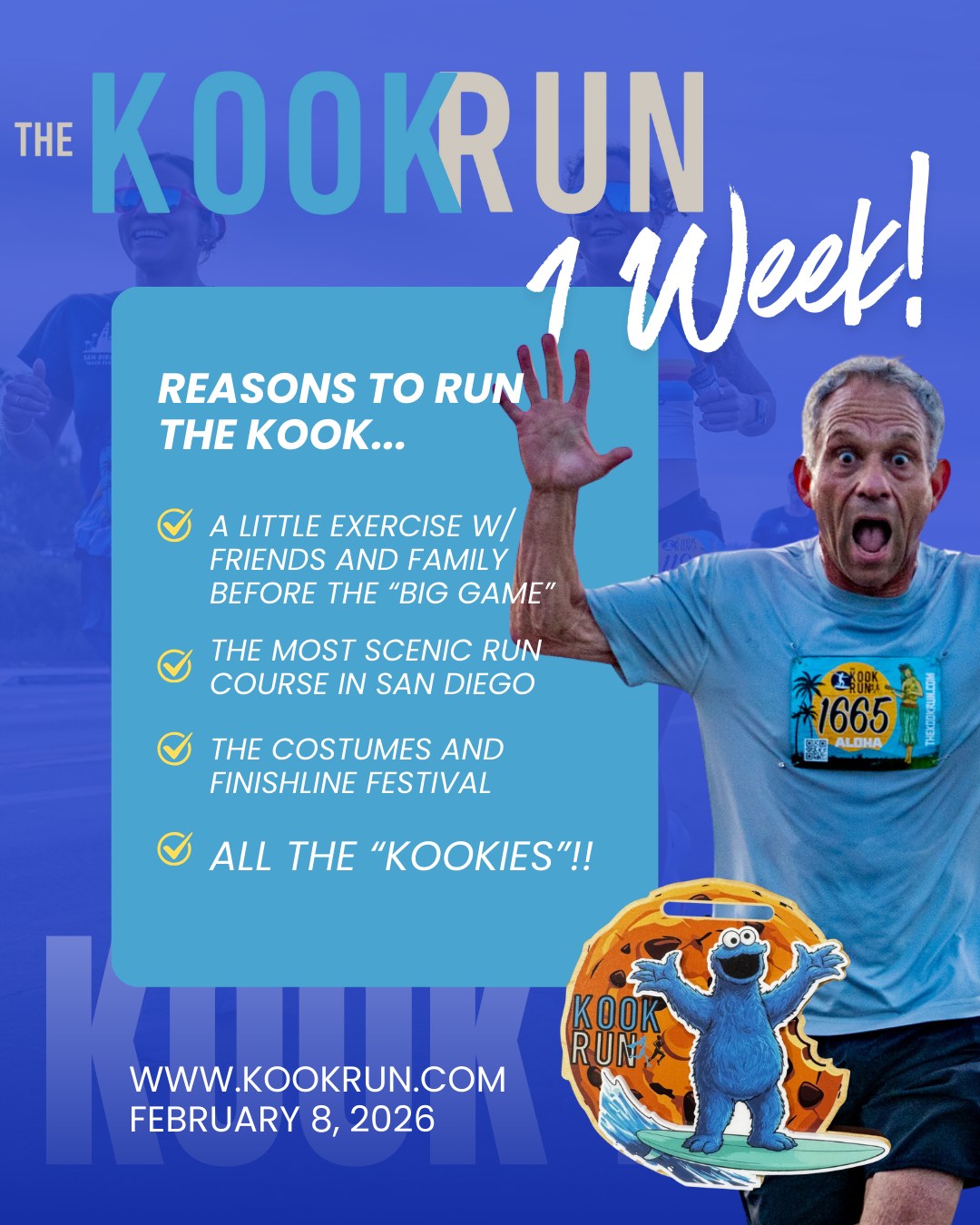 The countdown is officially on, and the stoke level is hitting an all-time high! In exactly one week, we take over Coast Highway 101 for the most legendary morning in Encinitas.
Whether you’re a podium-chaser, a casual walker, or just here for the epic costumes, The Kook Run is built for YOU. From world-class elites to families with strollers and pups, this is a community celebration where "having fun" is the only requirement.
🌟 Something for Every Body:
The 10K & 5K: Scenic, fast, and iconic coastal views.
The Junior Kook: Perfect for the little groms (Ages 3-12) on Saturday, Feb 7th!
The Costume Contest: Go "Full Kook" for a chance to win prizes from Vuori and Little Oaks Bakehouse.
Finish Line Festival: Post-race party at Moonlight Plaza with live music, breakfast tacos, and the Kook Beer Garden! 🍻🌮
But here’s the catch: You can’t join the party if you aren’t on the list! Registration is filling up fast, and we want to see you at the start line.
💰 LOCK IN YOUR SAVINGS
Don’t pay full price at the expo—secure your spot today and save some cash for the beer garden!
Use the code KOOK10 for 10% OFF your registration. Register Now: www.thekookrun.com. or at the link in our bio.
Let's make this Super Bowl Sunday one for the books. See you at the Kook! 🤙🏃♂️💨
#TheKookRun #Encinitas #CostumeRun #SanDiego #SuperBowlSunday #VisitEncinitas #10K #5K #CommunityVibes