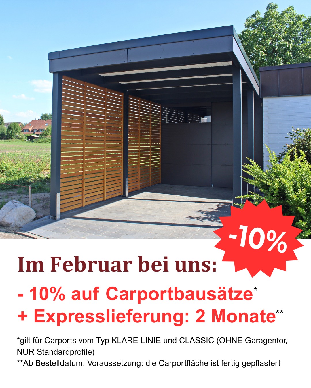 Good news: auch im Februar sparst du bei unseren Carports 🥳:
Bei Bestellung bis Ende Februar sparst du 10% auf unsere Carportbausätze KLARE LINIE und CLASSIC.
Wenn die Pflasterung bei dir schon fertiggestellt ist, dann liefern und montieren wir deinen Carport innerhalb von 2 Monaten ab Bestelldatum.
Melde dich gerne für ein unverbindliches Carportangebot: 📞04106-6414170 oder gleich hier per 📩DM.
#holzcarport #carportklarelinie #carport #freeseholzcarport #carportexperten