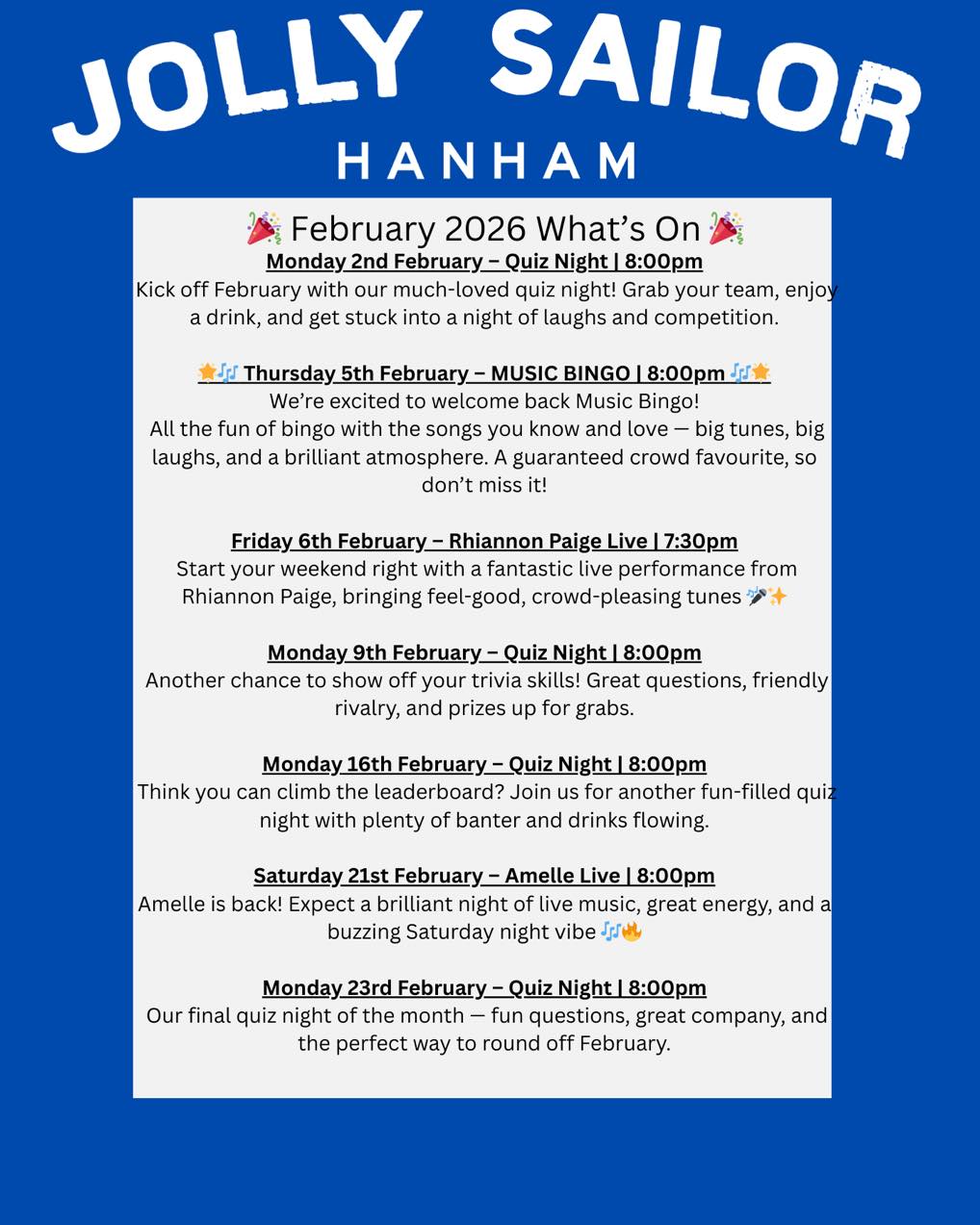 🎉 Hello February! 🎉
We’ve got a full month of fun lined up, and we’re kicking things up a notch!
🎵 Music Bingo is BACK! 🎵
Join us the FIRST THURSDAY of every month for music, laughs, and chances to win. Your new favorite tradition starts now!
📅 Check out all our February events and make plans to hang with us all month long.
Grab your friends, grab a drink, and let’s make February one to remember! 💃🕺