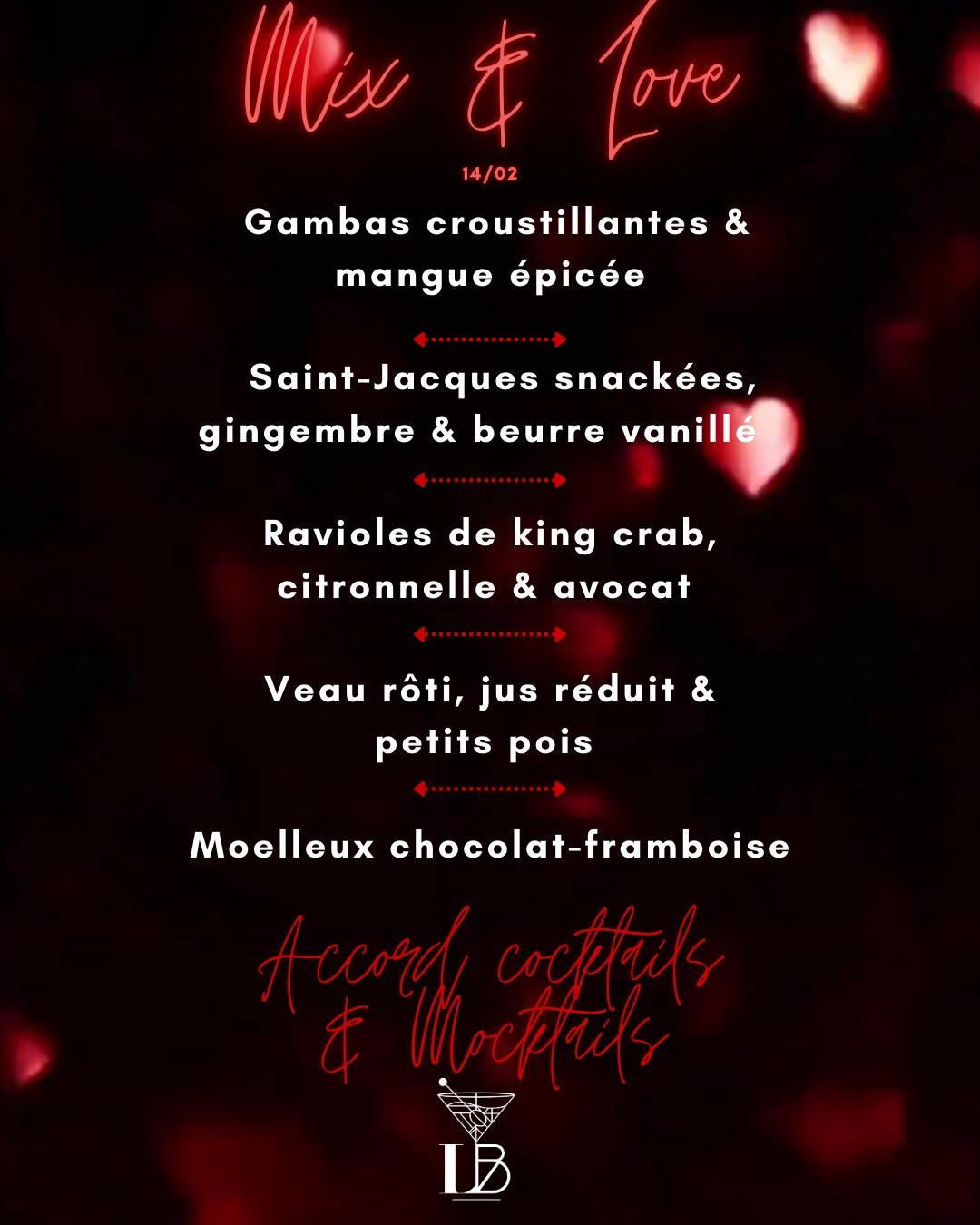 💘⏳ ALERTE LOVE — dernières tables au Lili’s ! ⏳💘
Le 14 février au soir, c’est Mix & Love au Lili’s Bar 💋
Et spoiler : il ne reste presque plus de places…
✨ Menu Saint-Valentin 5 services
🍸 Accords cocktails disponibles
🍹 Accords mocktails aussi — pour trinquer sans alcool !
💌 Ambiance chic, fun & ultra gourmande
📍 Réservations en ligne www.lilisbar.be ou au 0497/166051 — ne tardez pas !