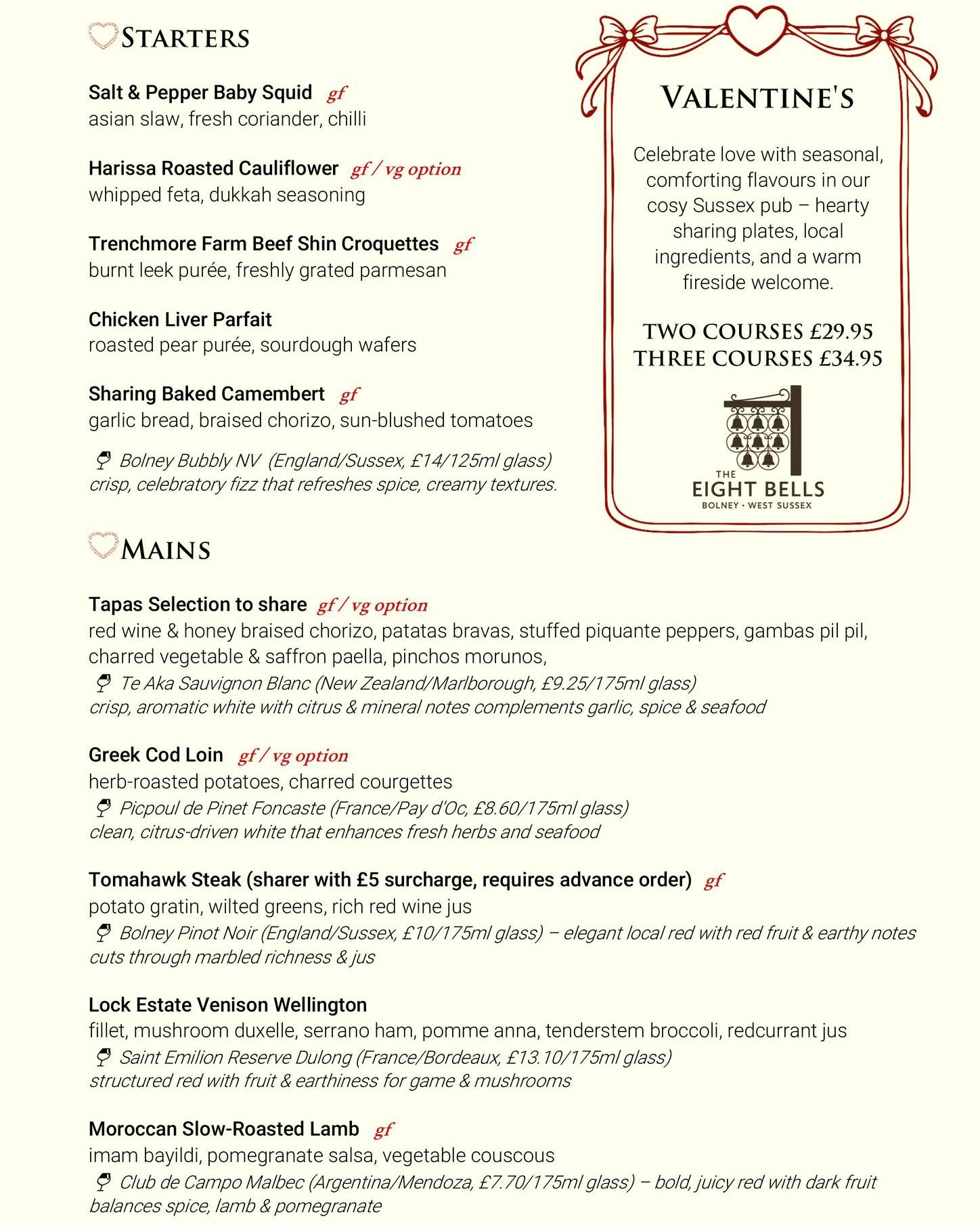 ❤️ Valentine’s at The Eight Bells, Bolney ❤️
Celebrate love with seasonal, comforting flavours in our cosy Sussex pub. Join us for a relaxed and romantic evening featuring sharing plates, local produce and carefully paired wines.
Enjoy dishes including:
🥂 Sharing baked Camembert
🍽 Tapas selection to share with bold Mediterranean flavours
🥩 Tomahawk steak for two or our Lock Estate venison Wellington
🍷 Thoughtfully matched wines from Sussex and beyond
🍫 Complimentary tea, coffee & homemade truffles to finish
✨ Two Courses £29.95
✨ Three Courses £34.95
Tables are filling quickly, so booking is essential.
📞 Call us or book online to reserve your table.
📍 The Eight Bells, Bolney
#Valentines #SussexDining #Bolney #Gastropub #DateNight #SupportLocal #EightBellsBolney