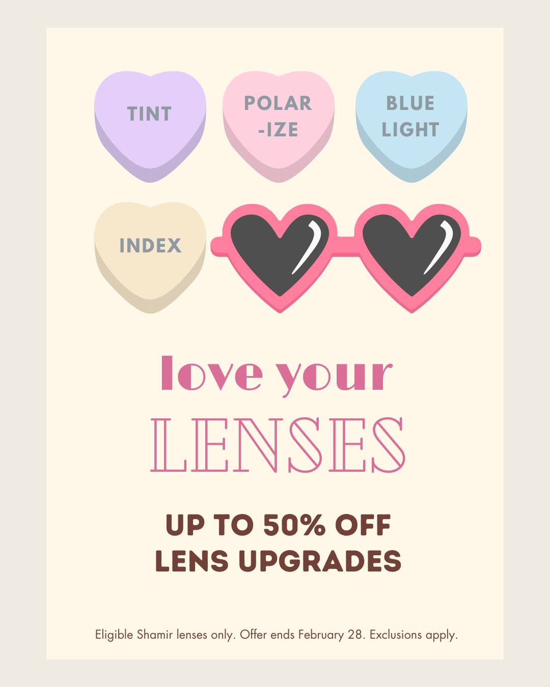Fall back in love with your glasses. 💗
This February, love your lenses with up to 50% off lens upgrades — including tint, polarization, blue light filtering, and high-index options, customized for comfort, clarity, and confidence.
Plus, we’re welcoming new frames all month from Tom Ford, Reykjavik Eyes, and L.G.R — because great lenses deserve frames you love just as much.
Eligible Shamir lenses only. Offer ends February 28. Exclusions apply.
👉 Visit us in clinic to explore.
#lynnvalleyoptometry #loveyourlenses #tintedlenses #transitionlenses #bluelightfilter