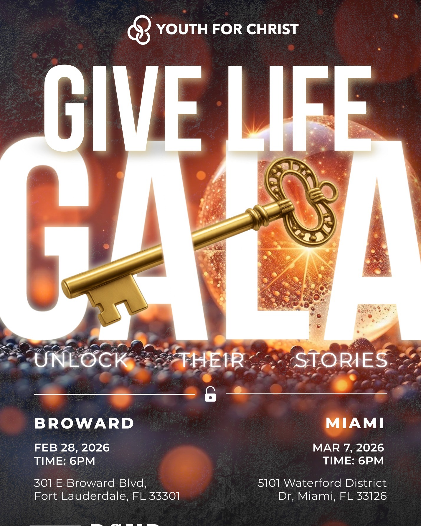 ✨ Give Life Gala 2026 ✨
Join Youth for Christ Miami & Broward for an unforgettable evening where stories are unlocked and lives are changed.
🔑 Unlock their stories. Give life.
👉 RSVP: miamiyfc.com/gala
Enjoy impactful stories, dinner & dessert, and live performances, all while supporting middle and high school students across South Florida.
#MiamiEvents #FortLauderdaleEvents #SouthFloridaEvents #MiamiNonprofits
#BrowardNonprofits