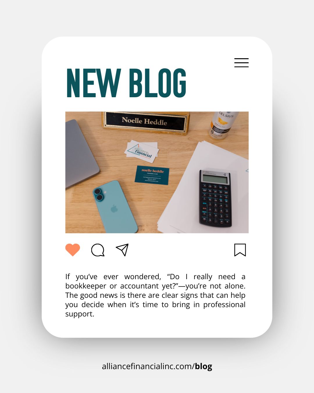 At the beginning of business, wearing all the hats makes sense. But there often comes a point where doing everything yourself starts costing you more than it saves.
DIY bookkeeping often starts with good intentions, but over time it can lead to:
ā Missed deadlines
ā Unclear numbers
ā Unnecessary stress
ā And that constant feeling of being behind
Our latest blog walks through the clear signs it may be time to stop DIY-ing your finances and bring in professional support, so you can move from survival mode to strategy mode.
Getting help isnāt giving up control. Itās choosing clarity.
š Read the full blog here: alliancefinancialinc.com/blog