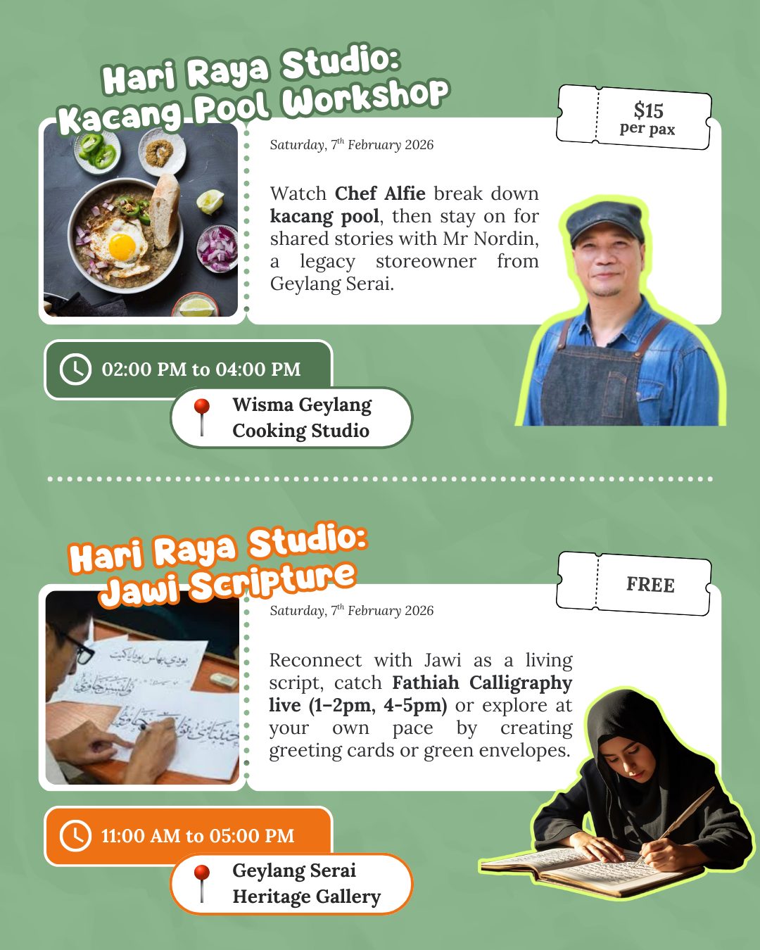 D-1 to our first in-person event of the year! Catch us at Wisma Geylang Serai as we spread the joy and beauty of Malay heritage and culture through food and activities in light of the upcoming Hari Raya celebrations ✨
If you have signed up for our Kacang Pool programme, we can't wait to see you there! If you haven't don't worry about missing out because we have an open-to-public free Jawi Scripture programme where you can walk in it curiosity, and exit full of knowledge about Jawi as well as your take home hand written Jawi Scripture 🥳
Stay curious and we will see everyone tomorrow!😉
#HariRayaStudio #LivingHeritage #SingaporeCulture #JawiScript #KacangPool #TingkatTakeaways #GHSG #WismaGeylangSerai