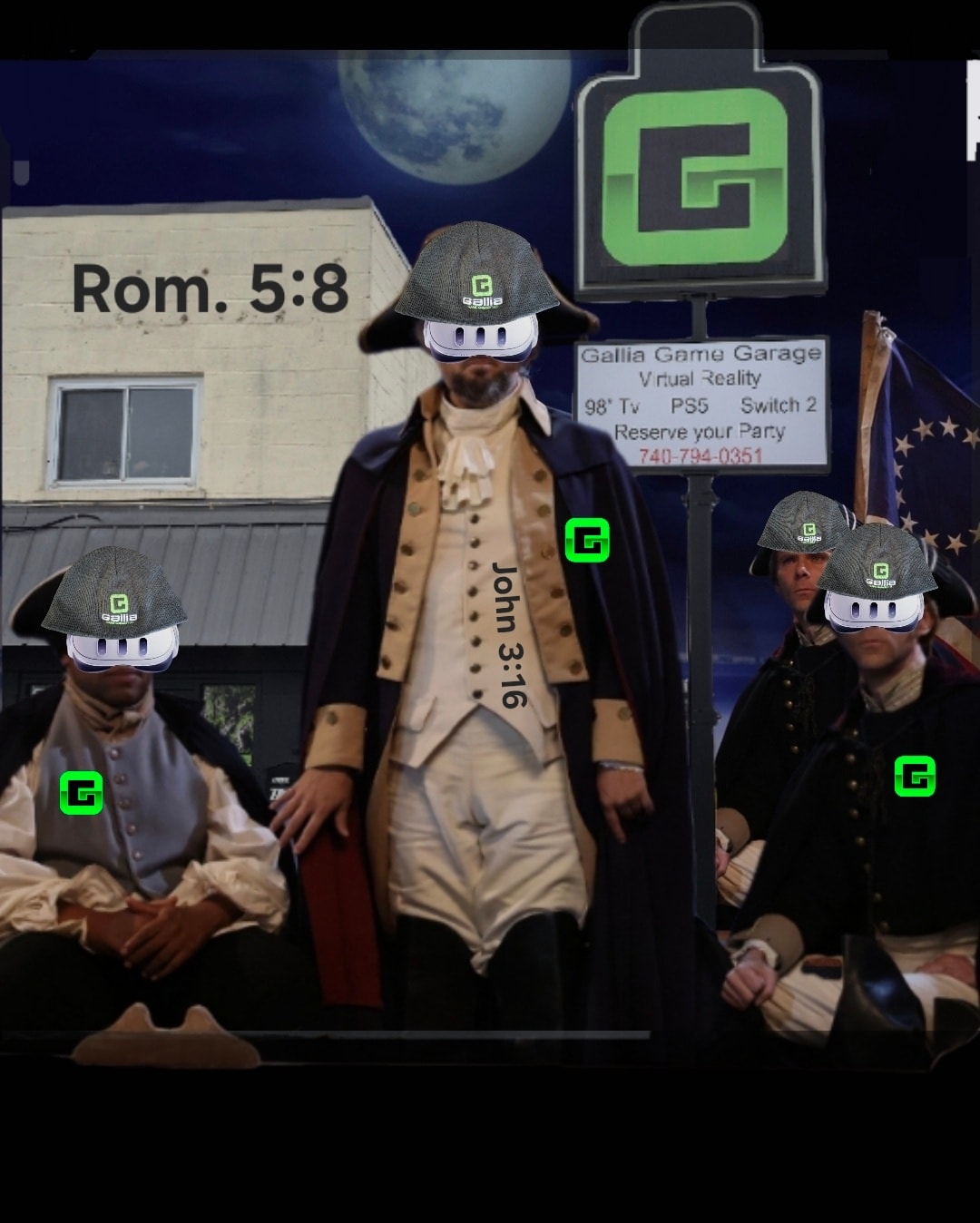 "Four Score and"... well, some months ago. We opened the Gallia Game Garage. Where everyone is welcome to come & play games & have fun together. Even the founding fathers had to take a break & have fun every now & then. It's good for the mind & soul. So get rid of those winter blues, & come have a blast with us. :)
#natebargatze #snl #vr #gaming #galliagamegarage #3GVR