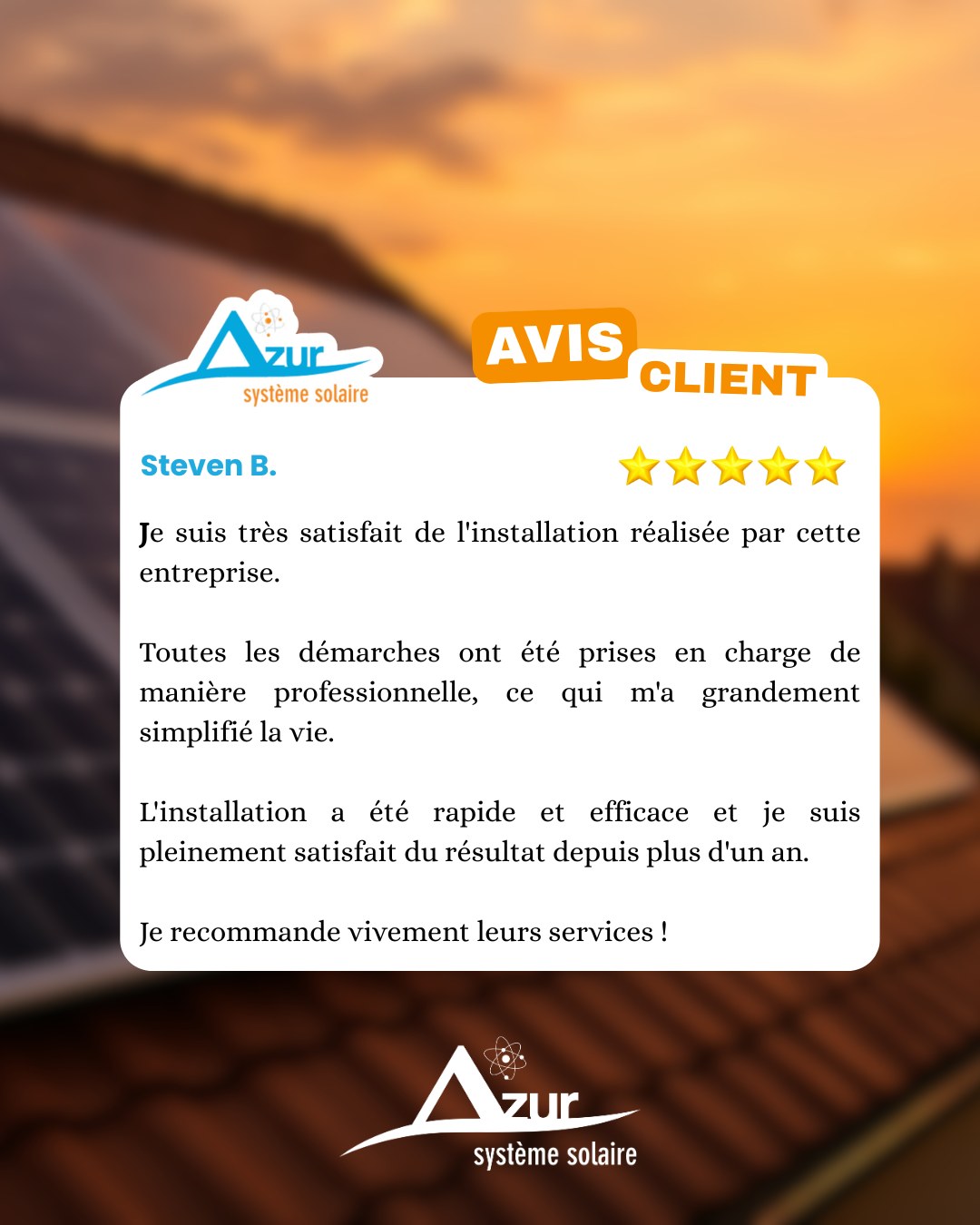 Un grand merci Steven pour ce superbe retour !
☀️ Savoir que vous êtes satisfait, même après un an d'utilisation, est la plus belle récompense pour nos équipes.
Notre objectif est justement de vous simplifier la vie en gérant tout l'administratif de A à Z.
Merci pour votre confiance et belle production à vous ! ⚡️