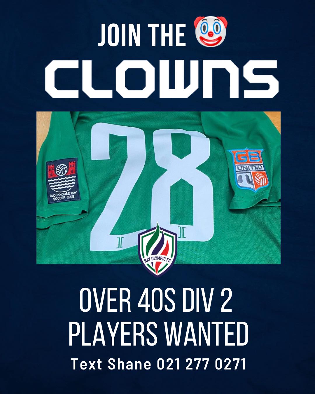 Looking to play football this winter, our Men’s over 40 team the Clowns who play in division 2 are looking for some additional players.
These guys are club legends, if your keen to join them text Shane 021 277 0271 🤡