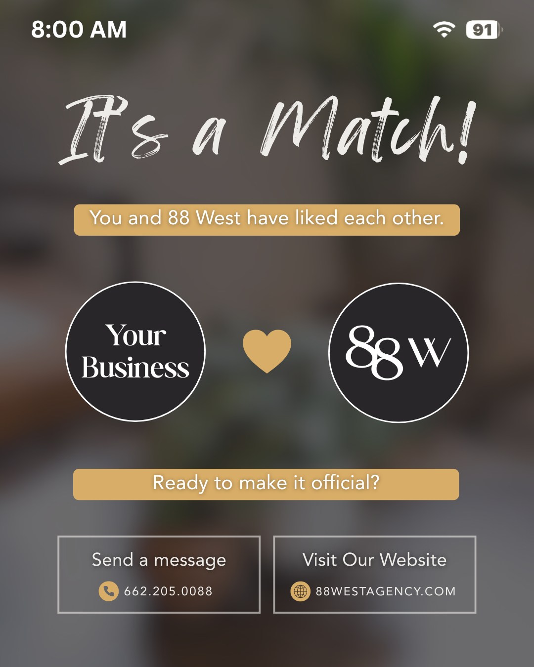 You swiped RIGHT on the RIGHT agency!
Reach out today to start your conversation with us for a strong partnership that leads results!
-
📞 662.205.0088 | 251.202.7180
💻 88westagency.com
-
#88West #88WestAgency #NorthMS #ALGulfCoast #MSGulfCoast #GulfShoresAL #HuntsvilleAL #BrandAgency #DesignAgency #MarketingAgency #BrandStrategy #DigitalMarketing #SwipeRight #ItsAMatch #MarketingPartnership