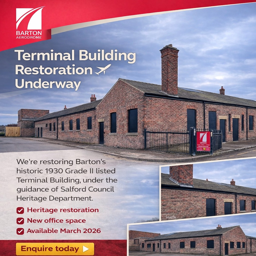 Something exciting is happening here at Barton Aerodrome! 🎉
Over the past few months our team have been liaising with Salford Council Heritage Department to restore the original, Grade II listed, Airport Terminal Building back to it’s glory days and a useable condition.
The Terminal Building, dating to 1930, is a historically significant structure and was originally created by converting farm buildings on the site of England's first purpose-built municipal airfield. Located on the left of the site entrance road, it originally housed a booking office, waiting room, customs, and manager's office.
Restoration work on this fabulous building commenced in October 2025 and is hoped to be completed by the end of March 2026. This project not only restores a historically significant building, it improves the entrance to our site and provides, much needed, new office space to cater for the numerous enquiries for property rentals.
Should you wish to be considered for rental for one or all of the new offices available, please register your interest by emailing info@bartonaerodrome.co.uk or call us on 0161 789 1362 Opt 2.
We are committed in preserving Barton Aerodrome for generations to come and this project is another step towards this, together with the restoration works already completed on our Grade II listed Control Tower and works to our Grade II listed hangar.