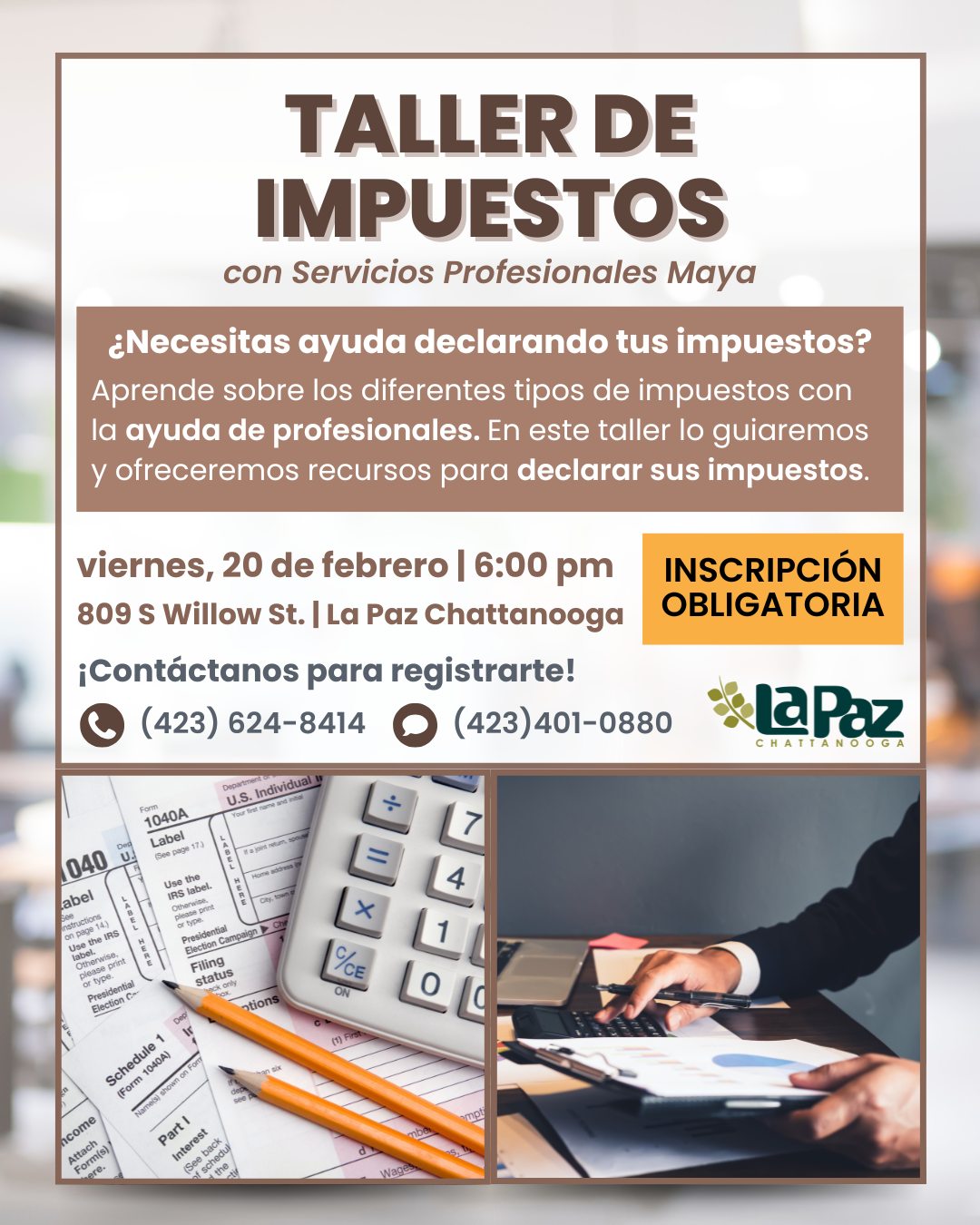 It's tax season, so we're offering a FREE Informative Tax Workshop!📝
In collaboration with @servprofmaya , this workshop will teach you about the tax filing process, the different types of forms, resources that can help you file your taxes, and much more!🧐
Interested? Sign up for this FREE workshop by calling our offices at 423-624-8414 or sending us a message at 423-401-0880.