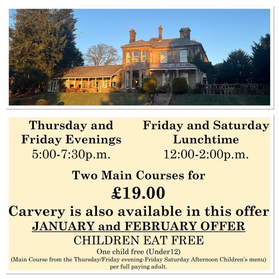 2 Main Corses for £19
Friday and Saturday
Lunchtime
12:00-2:00p.m.
Thursday and Friday
Evenings
5:00-7:30p.m.
Call us to book your table.
01900 824400