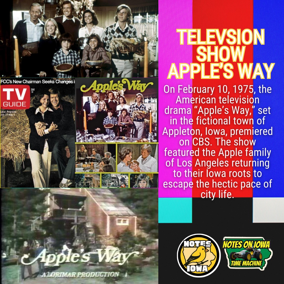 Iowa Time Machine ⏰: On February 10, 1975, the American television drama “Apple’s Way,” set in the fictional town of Appleton, Iowa, premiered on CBS. The show featured the Apple family of Los Angeles returning to their Iowa roots to escape the hectic pace of city life.
A mid-season replacement for “The New Perry Mason,” the show featured the family moving into a working grist mill. The well-meaning family father, George (Ronny Cox), often found himself getting the family into plots, which exacerbated the tensions of moving from urban to rural life. The first season focused heavily on rural-specific plots centered on the show’s basic ‘moving to the country’ premise.
The show also featured performances by Frances Lee McCain (Barbara), Malcolm Atterbury (Grandfather Aldon), Vince Van Patten (Paul), Patti Cohoon (Cathy), Eric Olson (Steven), Frannie Michel (Patricia, 1974), and Kristy McNichol (Patricia, 1974-1975).
The show struggled in its first-season time slot, which put it in competition with ABC’s “The F.B.I.” and NBC’s “The Wonderful World of Disney.” In a pivot from the show's original tone, the second season placed greater emphasis on social issues such as freedom of speech. Canceled after the second season, CBS replaced the program with “Cher.” #Iowa #OTD #History #Televison #Sitcom