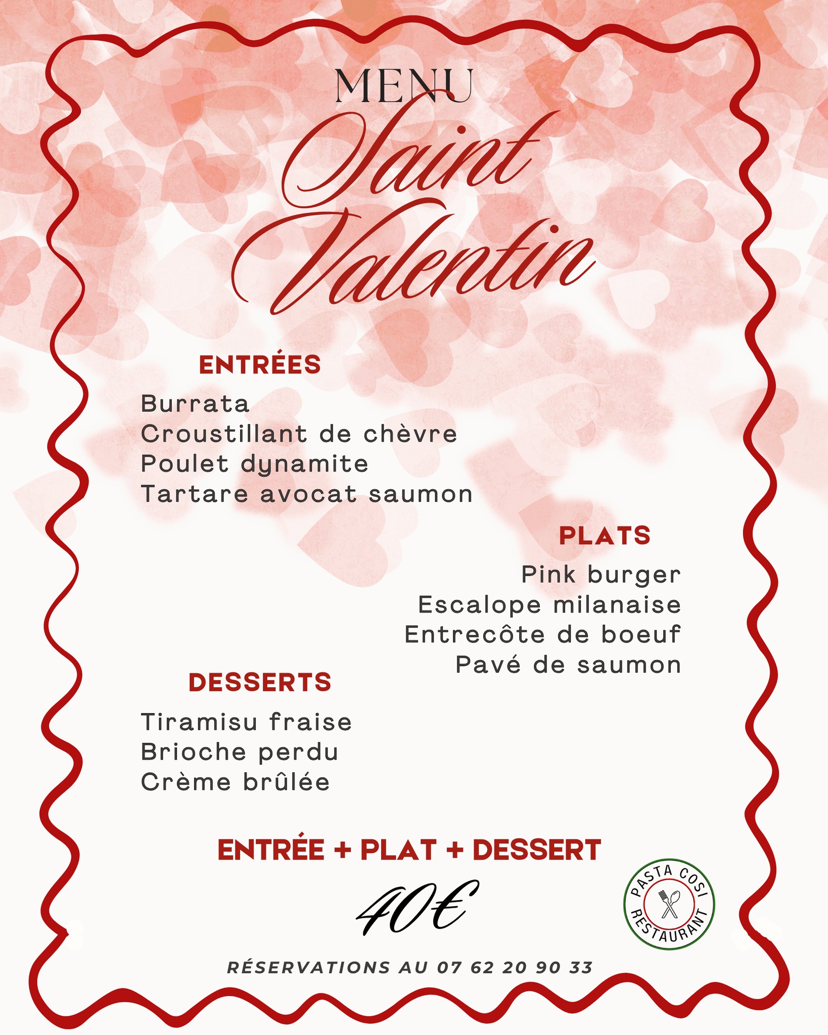 ❤️✨ Menu Saint-Valentin Pasta Cosi
Envie d’un moment romantique autour de plats généreux ?
Notre menu spécial Saint-Valentin vous attend à Paris et à Asnières-sur-Seine
🍽 Entrée + Plat + Dessert pour seulement 40€
Au programme :
✨🌹 pétales de fleurs, bougies, décoration...
Une formule complète pour se régaler dans un cadre chaleureux 💑
📞 Réservations au 07 62 20 90 33