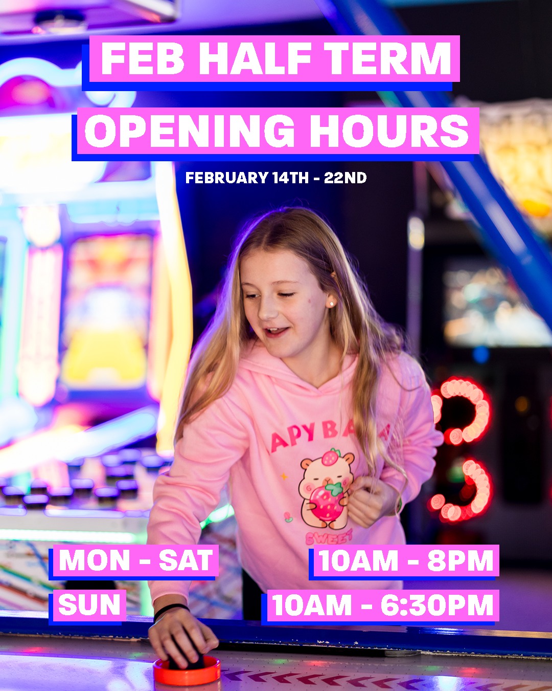 February Half Term is right around the corner!
Join us from February 14th - 22nd for non-stop gaming fun 🥳
👾 60 minute session – £12.50 per person
👾 90 minute session – £16.50 per person
💖 VALENTINE'S DATE NIGHT SPECIAL 💖
Get 30 minutes of extra game time for FREE at 5:30pm and 7:00pm on Saturday 14th February, 2026.
🎟️ Enter code MAXLEVELVALENTINE at checkout when purchasing a Freeplay90 ticket online. T&Cs apply.
#Arcade #Gaming #RetroGaming #Gamer #VideoGames #Nostalgia #ArcadeGames #GamingCommunity #SouthamptonArcade #BracknellArcade #FarnboroughArcade #NewburyArcade #NewportArcade #PooleArcade #SwindonArcade #worcesterArcade #ThingsToDoWithKids #familyfun