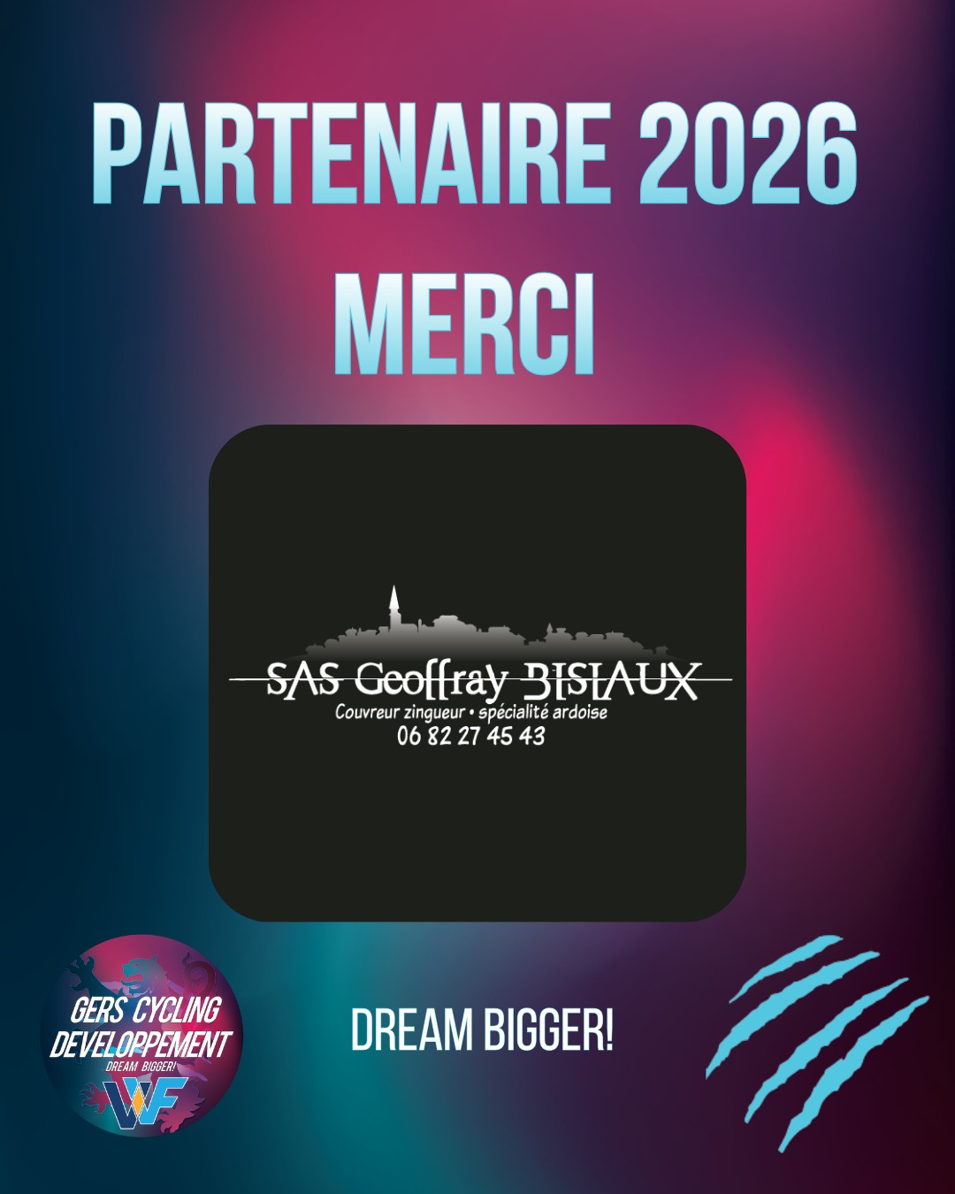 🔹 Partenaire du Gers Cycling Développement 🔹
Le Gers Cycling Développement peut compter depuis le début sur le soutien de SAS Bisiaux, entreprise spécialisée en charpente traditionnelle bois, couverture et zinguerie.
Implantée à Pavie, près d’Auch, SAS Bisiaux accompagne des projets sur mesure, avec le sens du travail bien fait et le respect des engagements.
À sa tête, Geoffray Bisiaux soutient le GCD depuis ses débuts et croit pleinement au projet sportif et humain porté par le club. Une confiance précieuse, construite dans la durée, autour de valeurs communes : engagement, exigence et esprit collectif.
🤝 Merci à SAS Bisiaux et à @geoffraybisiaux pour sa fidélité et son soutien.
Rêvons plus grand, ensemble 🚴♂️✨