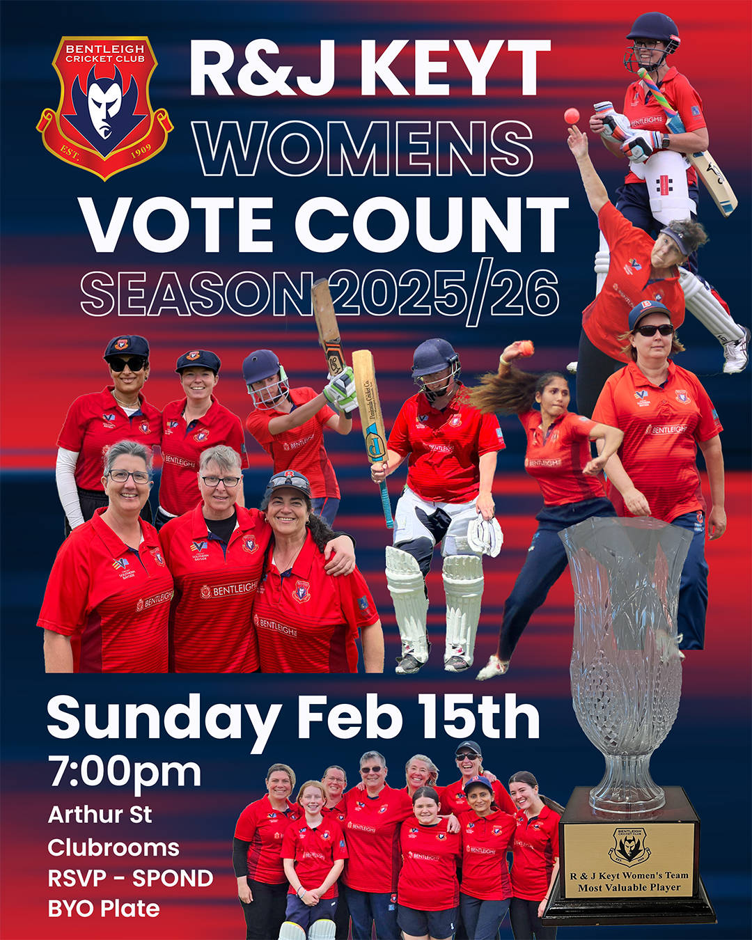 This Sunday night we celebrate the best and fairest players for each of our four senior women's teams.
We will be going through the seasons votes for the R&J Keyt 1st XI Best Player along with Best Player from the 2nds, 3rds and 4ths.
📆 SUNDAY FEB 15TH. 7:00pm
📍 BCC Clubrooms
🎟️ RSVP on Spond
Come along to celebrate:
🎉 A fantastic 2025/26 season
🏆 Player awards & vote tallies
❤️🩹 Coveted Bruise award winner announced
🥙 Food - BYO plate if you haven't already eaten
😎 A relaxed, post-game atmosphere—dress is casual, so feel free to come straight from your match!
