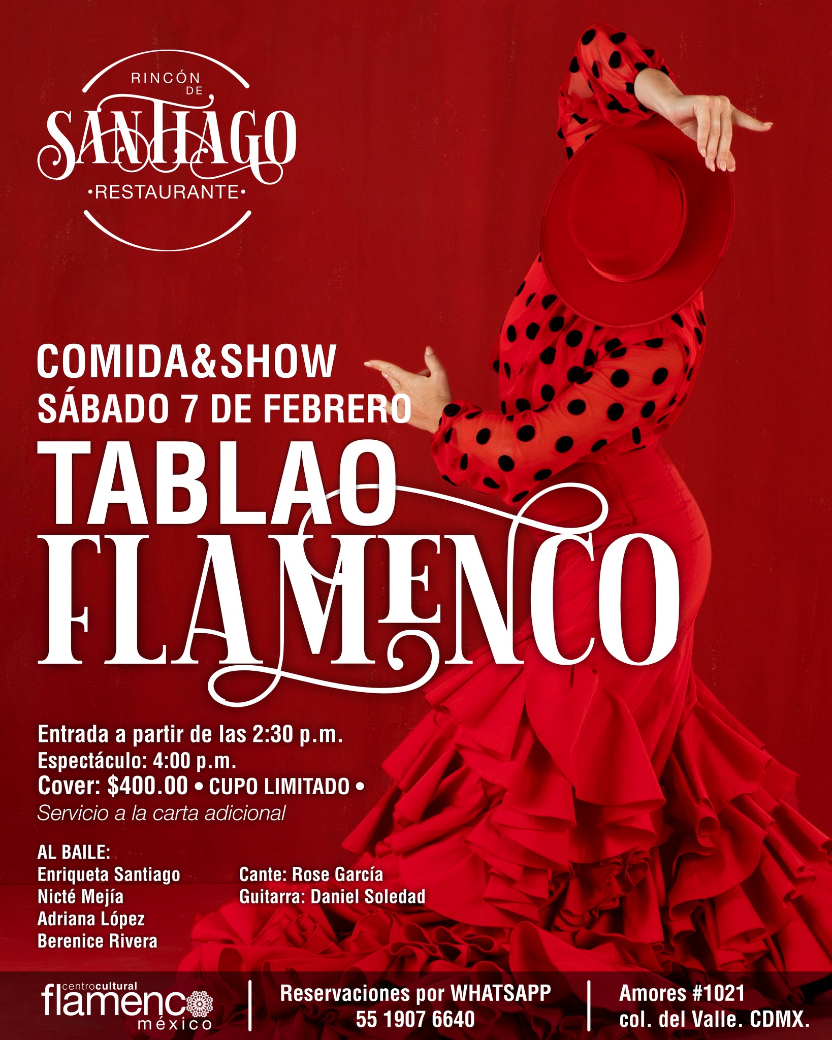 Tablao flamenco en vivo 🔥
Vive una tarde distinta disfrutando de una deliciosa comida mientras el flamenco sucede frente a ti💃🏻
🍷Un plan ideal para la tarde del sábado!!
⚠️ Reserva tu lugar con anticipación
📅 Sábado 7 de febrero
⏰ Show: 4:00 pm
📍 Amores 1021, col. Del Valle, CDMX
🎟️ Cover: $400 por persona
📲 55 1907 6640
👉 https://wa.link/m7s20a
--
#flamencomexico #flamencocdmx #tablao