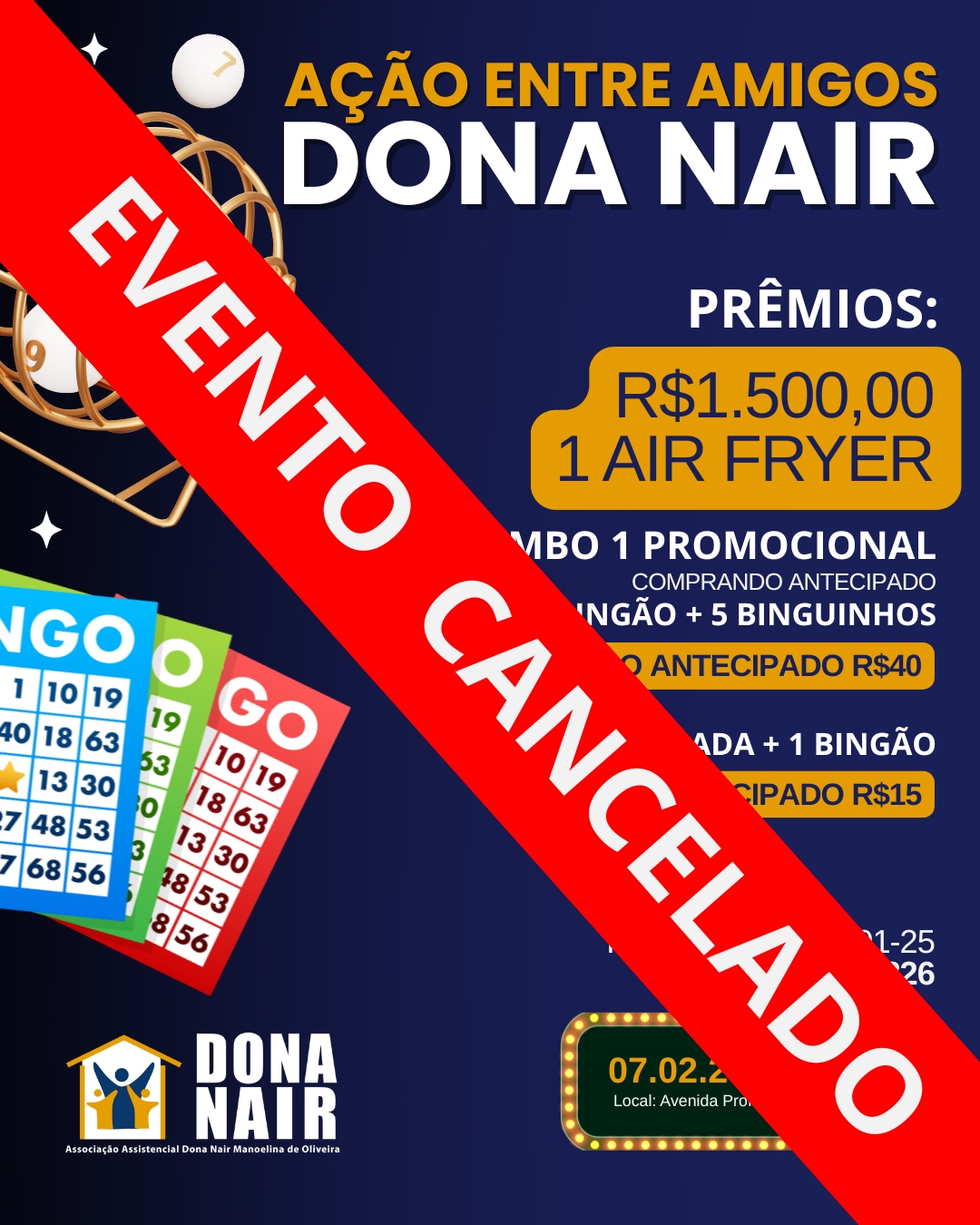 📢🌿 Comunicado – Ação entre Amigos da Associação Dona Nair
Queridos amigos,
Informamos que a Ação entre Amigos da Associação Dona Nair foi cancelada, em razão de uma reorganização da agenda de eventos de 2026, que estamos realizando para planejar com ainda mais cuidado nossas ações ao longo do ano.
Essa decisão foi tomada com responsabilidade, pensando na melhor forma de fortalecer nossos projetos e ampliar o impacto das iniciativas da Associação.
✨ Em breve, traremos novidades, com novos eventos, ações solidárias e oportunidades de participação da nossa rede de apoio.
Agradecemos imensamente a compreensão, o carinho e o apoio de sempre. 💛🌿
Seguimos juntos, construindo cuidado, acolhimento e transformação.