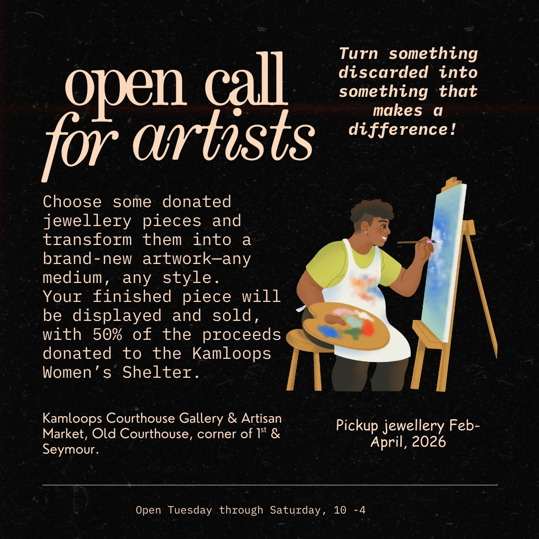 Calling all artists! 🎨
Take part in the Lost Earring Project—pick up donated jewellery from the Old Courthouse Gallery and transform it into a new artwork. Any medium welcome!
#explorekamloops #kamloopsnow #kamloopsartisan #kamloopstourism #kamloopsliving #yka #kamloops #kamloopsfarmersmarket #kamloopsevents #bcartisans #bcartist #tourismkamloops #kamloopsartist