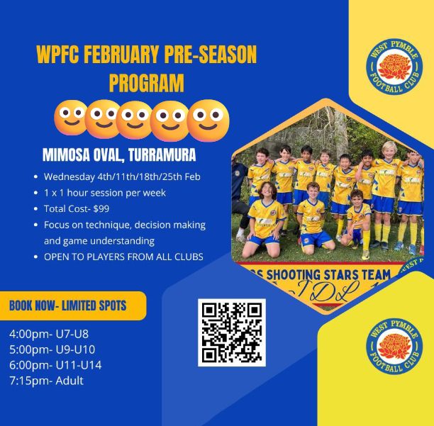 ⚽️ Sharpen your skills this pre-season with the WPFC coaching team! ⚽️
Proudly part of the WPFC program, but players from ALL clubs are welcome 🙌
👟 Open to players U7s through to Adults
💪 All abilities welcome
🎯 Focus on technical development, confidence & game understanding
Come train, improve, and hit the season flying 🚀⚽️
👉 Sign up here: https://www.trybooking.com/DJDHG