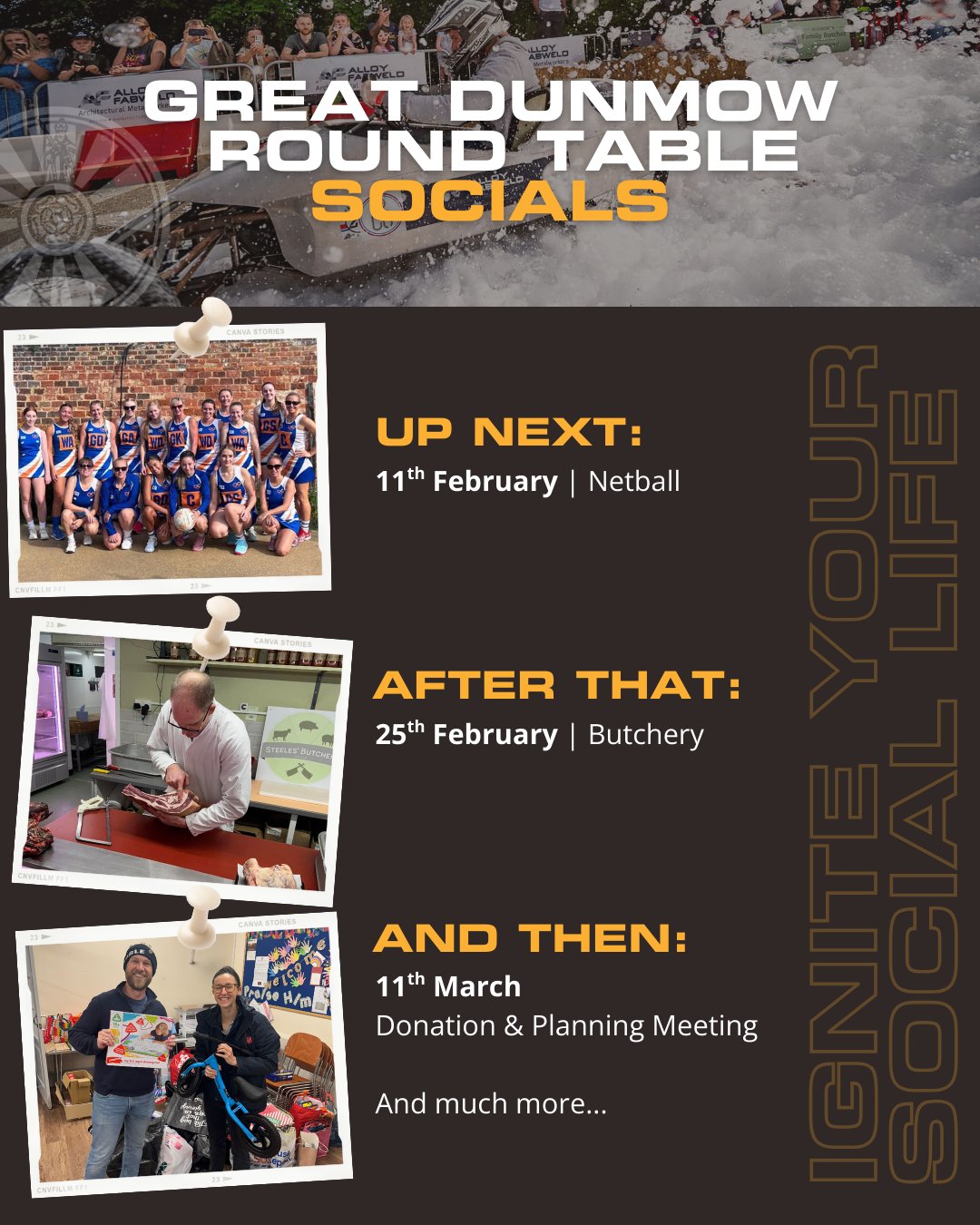 Looking forward to our next few social events!
🏐 11th Feb - Netball with Great Dunmow Infinity Netball Club
🐷 25th Feb - Butchery with @steelesbutchersdunmow
💸 11th Mar - Donation & Planning Meeting
18-45 and fancy making some more mates in Dunmow? Drop us a message 💬 to come along!