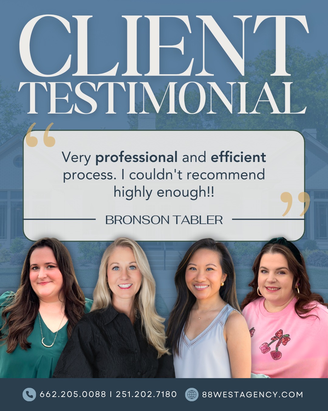 We’re thankful for the trust and kind words from Bronson Tabler and proud to deliver a process that makes marketing feel seamless from start to finish.
Looking for a marketing partner you can count on? Let’s get to work.
-
📞 662.205.0088 | 251.202.7180
💻 88westagency.com
-
#88West #88WestAgency #NorthMS #ALGulfCoast #MSGulfCoast #GulfShoresAL #HuntsvilleAL #BrandAgency #DesignAgency #MarketingAgency #BrandStrategy #DigitalMarketing #ClientTestimonial #ClientSuccess #TrustedPartner