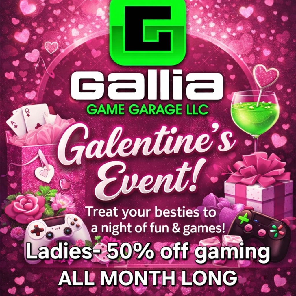February is Galentine's all month long at the Gallia Game Garage. So Gentlemen bring in your wives, daughter's, Gal pals because the ladies get 50% off gaming all month!
Play some Virtual Reality toqether or enjoy cooperating in It Takes Two, or Mario Wonder on the Big Screen Tv.
#galentines #gaming #3GVR #galliagamegarage #vr #ittakestwo #Mario #playtogether