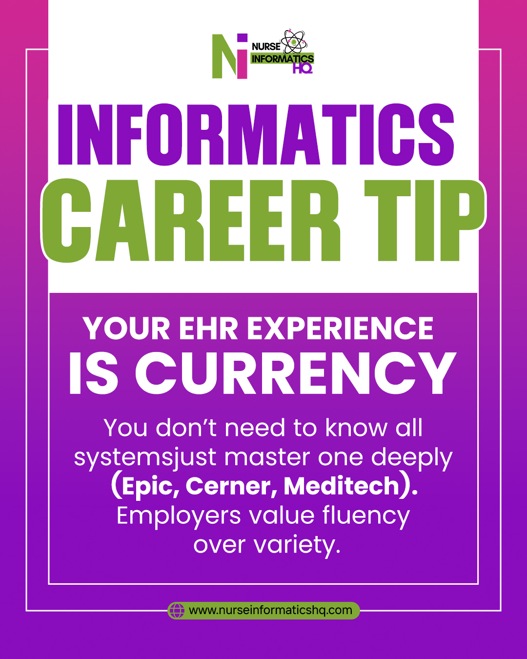 💻🩺 Informatics Career Tip
Your EHR experience is currency. You don’t need to know every system—master one deeply (Epic, Cerner, Meditech). Employers value fluency over variety, and deep expertise sets you apart in nurse informatics.
👉 Learn more career tips at Nurse Informatics HQ: www.nurseinformaticshq.com
#NurseInformatics #CareerTip #EHR #HealthIT #NursesInTech #ProfessionalGrowth
