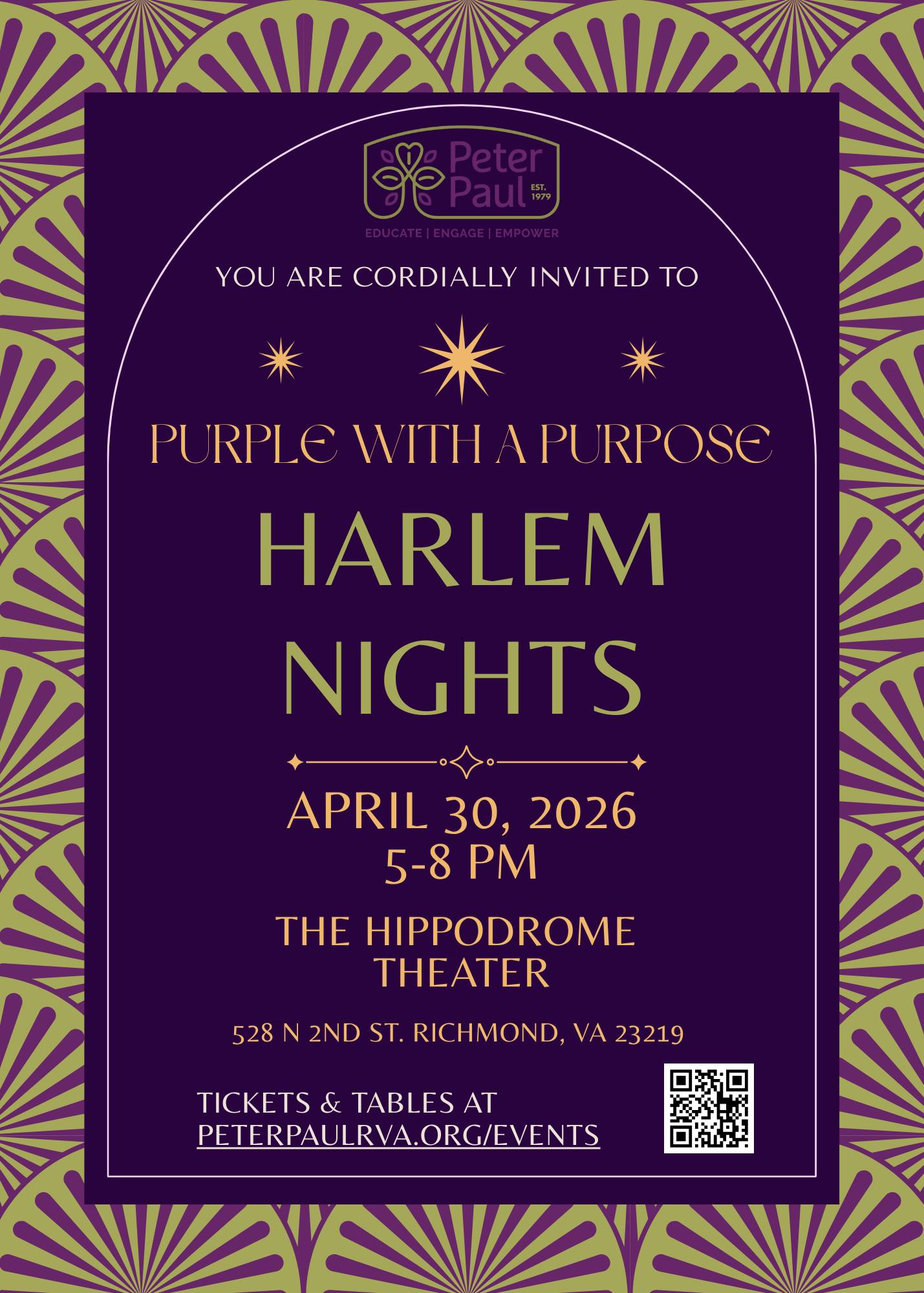 We invite you to join us on April 30, 2026, at the historic @hippodromerva for Purple with a Purpose: Harlem Nights, Peter Paul's signature annual fundraising event.
This unforgettable evening will feature:
• live music
• hors d’oeuvres
• drinks and games
• a wine pull
• a photobooth
• a silent auction with exclusive packages and luxury items
And it's all in support of Peter Paul’s mission!
Inspired by the theater’s rich Harlem Renaissance history, this night is more than a celebration, it’s a chance to change lives. Every ticket, table, and sponsorship helps Peter Paul provide educational programs, family resources, and community support to those who need it most.
Invite your friends, reserve a table, or purchase tickets today!
peterpaulrva.org/events