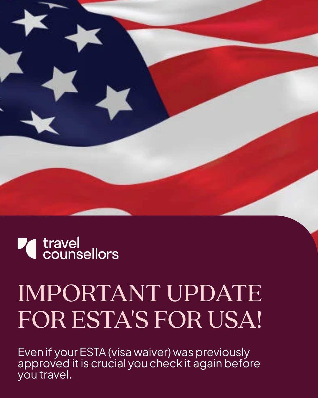 Travelling to the USA?
Due to recent changes & ESTA’s being revoked, it is essential you keep up with any updates & check your ESTA status up to your day of departure
https://www.gov.uk/foreign-travel-advice/usa