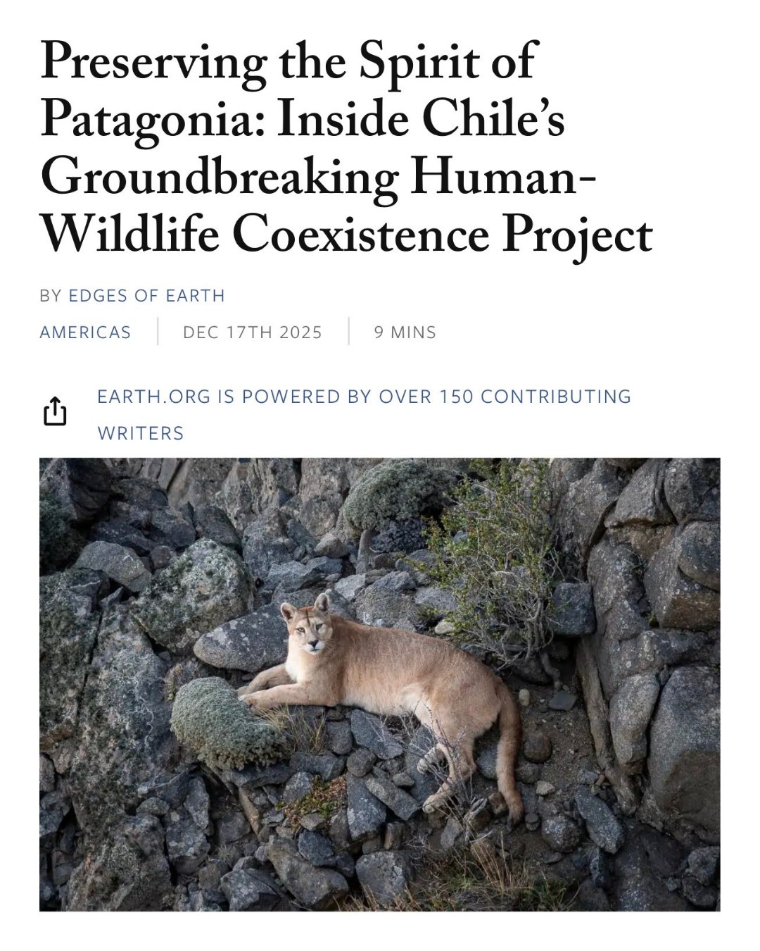 En diciembre pasado, Earth.org —uno de los principales medios internacionales especializados en medioambiente— publicó un artículo sobre el trabajo que realizamos desde Fundación Cerro Guido Conservación en Patagonia 🌿
El artículo aborda nuestro enfoque de coexistencia entre personas, ganadería y grandes depredadores, destacando el rol de la ciencia aplicada, el trabajo sostenido en territorio y la educación como herramientas para tomar decisiones reales en contextos complejos 🐆
Compartir este tipo de miradas externas es parte de nuestro compromiso con la transparencia y con comunicar procesos de largo plazo, más allá de acciones puntuales o resultados aislados.
-
Last December, Earth.org — one of the leading international environmental media platforms — published an article about the work we carry out at Fundación Cerro Guido Conservación in Patagonia 🌿
The article explores our approach to coexistence between people, livestock, and large predators, highlighting the role of applied science, long-term fieldwork, and education as key tools for making informed decisions in complex landscapes 🐆
Sharing these external perspectives is part of our commitment to transparency and to communicating long-term processes, beyond isolated actions or short-term results.
📸: Adam Moore
#CerroGuido #Conservación #Coexistencia #Patagonia #WildlifeConservation