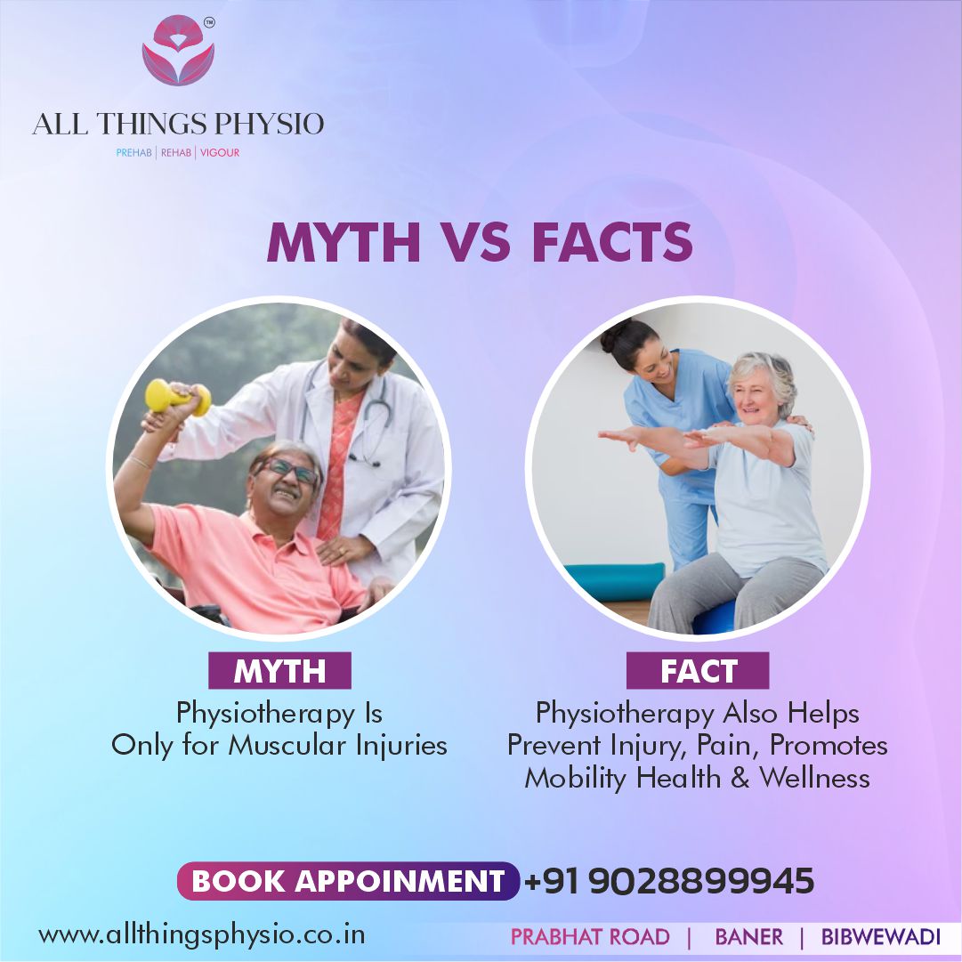 MYTH VS FACTS
MYTH : Physiotherapy Is Only for Muscular Injuries
FACT: Physiotherapy Also Helps Prevent Injury, Pain, Promotes Mobility Health & Wellness
For More Info Call Now
Prabhat Road :- +91-9028899945
Bibwewadi : -+91-9075099945
or Visit :- https://www.allthingsphysio.co.in/
#physiotherapy #physio #physicaltherapy #physiotherapist #rehabilitation #rehab #health #fitness #fisioterapia #backpain #physicaltherapist #wellness #exercise #pain #chiropractor #sport