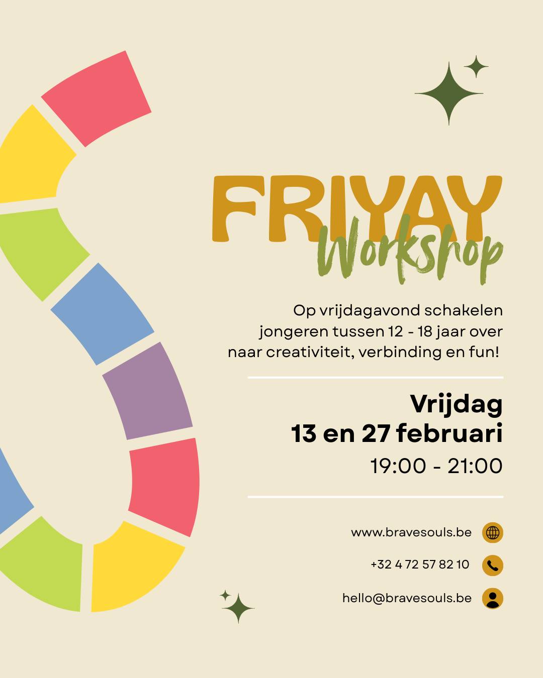Vrijdagavond krijgt een nieuwe vibe met onze FriYAY workshops, speciaal voor jongeren van 12 tot 18 jaar.
Het is een creatieve avond waar ze kunnen experimenteren, samen projecten realiseren en hun talenten op een speelse manier ontdekken.
De workshops zijn energiek, uitdagend en vol mogelijkheden om zichzelf te uiten, nieuwe vrienden te maken en hun creativiteit te laten bloeien.
Omdat de groepen klein zijn, vullen de plekken snel. Wil je zeker zijn dat je tiener een van de volgende sessies kan meemaken? Schrijf je dan vandaag nog in op de wachtlijst, zodat je zeker bent van een plek en niets hoeft te missen.
Inschrijven of vragen? Link in bio of stuur een DM. 📩
#creativekids #youthactivities #selfexpression #teencreativity #activitiesforkids