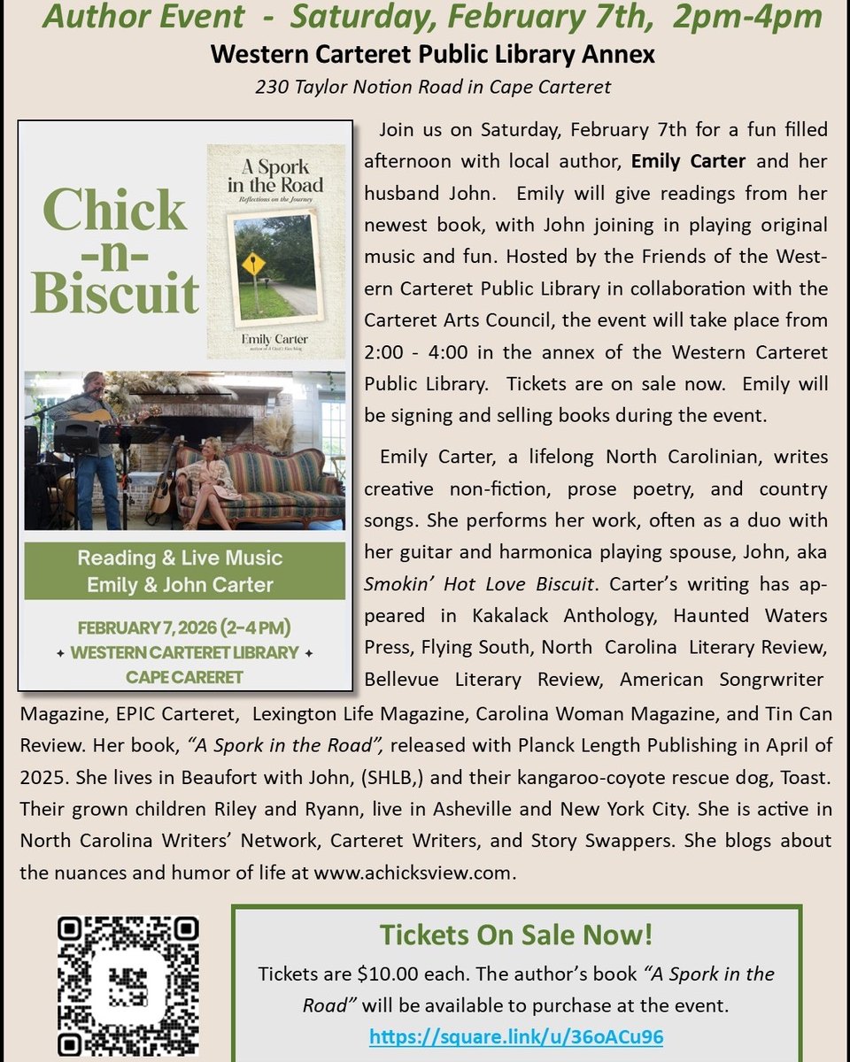 Come out to Cape Carteret this Saturday for a special afternoon with Reading & Live Music! 📖🎶
Local author, Emily Carter, will give readings from her newest book, while her husband, John, joins in to play some of his original music. It will be great fun!
The event, hosted in collaboaration with Friends of the Western Carteret Public Library, will take place from 2-4pm in the annex of the Western Carteret Public Library. Grab your tickets now!
Who: "Chick -n- Biscuit" Author Emily & Musician John Carter
What: Author Reading & Live Music Event
When: Saturday Afternoon, Feb 7th from 2-4pm
Where: Western Carteret Public Library Annex - 230 Taylor Notion Road, Cape Carteret
#artscouncil #artshow #carteretcountyarts #crystalcoast #capecarteretnc