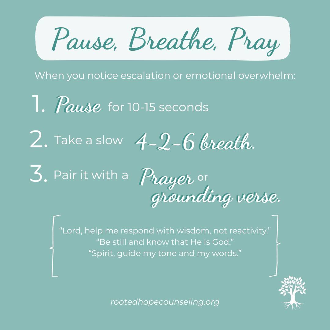 When emotions rise quickly, our bodies often react before our hearts can respond.
This simple practice is an invitation to slow the moment down.
Pause.
Breathe.
Pray.
Try a 4–2–6 breath:
Inhale slowly for 4,
hold for 2,
then exhale gently for 6.
Longer exhales help signal safety to your nervous system, creating space to settle your body and invite God’s peace. Pair each breath with a short prayer or grounding verse, and allow the pause to become a place of connection rather than reactivity.
If you’re feeling overwhelmed today, let this be your reminder: you don’t have to rush your response. God meets you right here in the pause.
#PauseBreathePray #FaithAndMentalHealth #ChristianCounseling #GroundedInGrace #BreathPrayer #NervousSystemCare #EmotionalRegulation #RootedHopeCounseling #FaithInPractice #BeStill