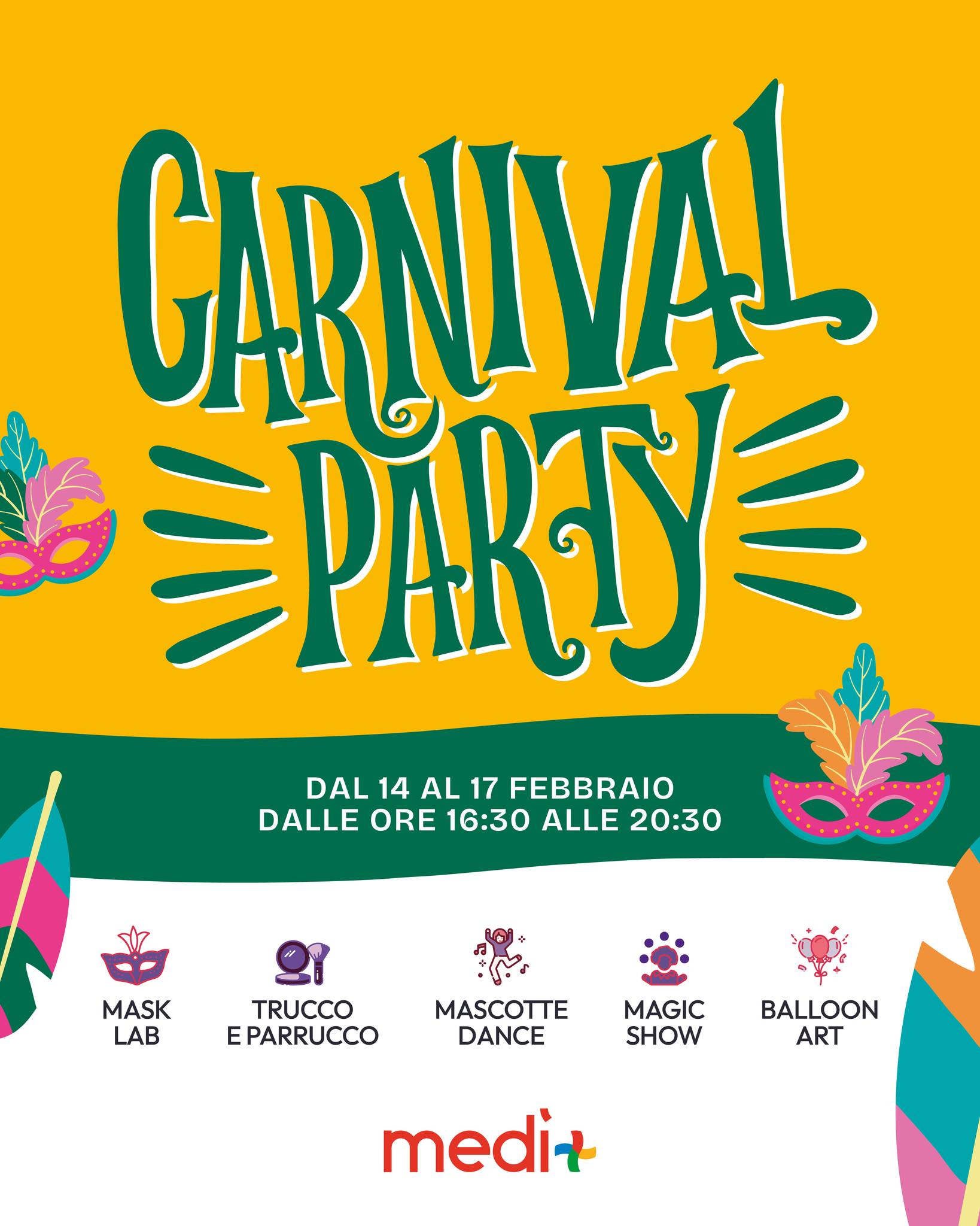 🎭 Carnival Party al Medì!
Dal 14 al 17 febbraio, dalle 16:30 alle 20:30, quattro pomeriggi di colori, sorrisi e tanta allegria!
Laboratori di maschere, truccabimbi e parrucco, mascotte, musica e danza, magie e balloon art… il divertimento è assicurato per tutti!🎊
✨Martedì 17: non perdere i momenti clou della magica festa.
17:30 → Sfida di stelle filanti
17:45 → Paracadute magico
18:00 → Magic Show
19:00 → Sfilata delle mascherine
📸 Scatta la tua foto gratis e porta a casa un ricordo speciale!
#centrocommercialemedì #carnevale #divertimento