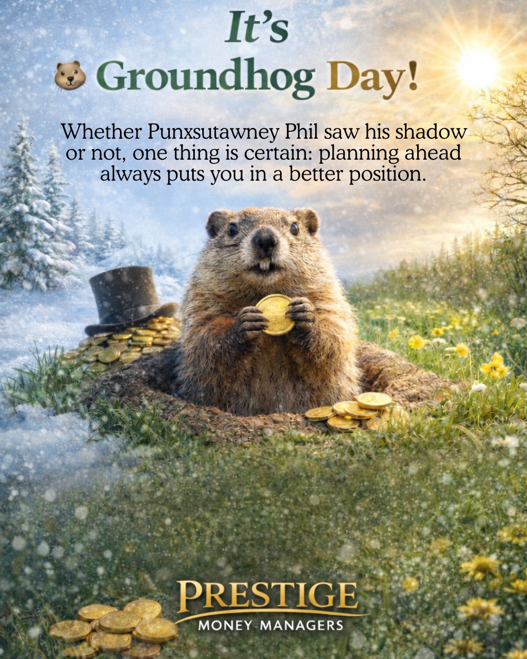 Just like preparing for the seasons, thoughtful financial planning helps you stay ready no matter what’s ahead. At Prestige Money Managers, we believe clarity and preparation lead to confidence this season and beyond. #GroundhogDay #PlanAhead #FinancialPreparedness #SeasonOfPlanning #PrestigeMoneyManagers