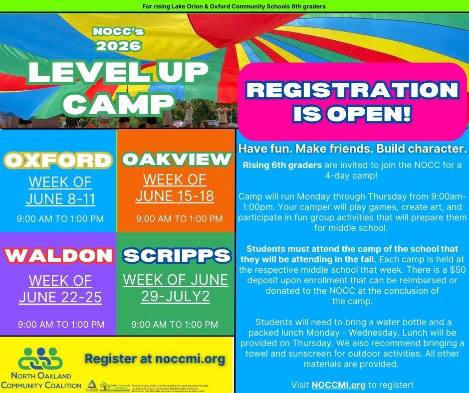 Today is the day: get ready for summer because Level Up Camp registration is OPEN!
🔗visit https://www.noccmi.org to register your rising 6th grader for camp!
📍campers must register for the week of camp that aligns with the middle school they will be attending in the fall.
☀️we can’t wait for an awesome summer!