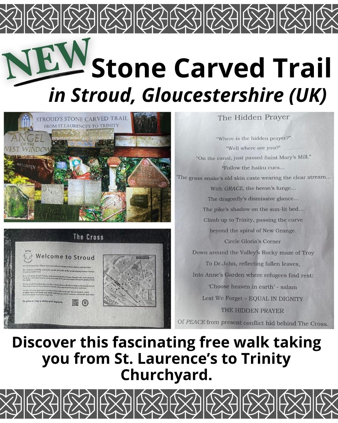 We have a paper sheet for a lovely new family friendly stone carved trail for Stroud, leading from town centre at ST. Laurence’s to the Trinity Churchyard. Why not check it out tomorrow alongside a visit to our Trinity Rooms for Community Hub Friday Cafe?
We will be open from 9am so please do come on in and say hello! 😁
#Stroud #Trails #Historical #Maps #Poetry #Treasures #Painswick #FoodHub #LocalSupport #Nailsworth #localhistory #Churches #Community #StoneCarving #Gloucestershire