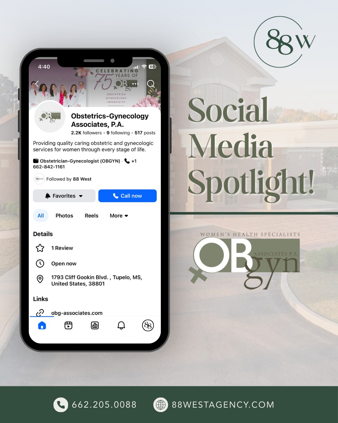 We’re proud to continue partnering with OBGYN Associates to enhance their social media presence that reflects the care, trust, and expertise they provide every day.
From informative content to cohesive visuals, our goal is to help their message reach and connect with the patients who need it most. 💕
📩 Ready to elevate your social media? Let’s do it.
📞 662.205.0088 | 251.202.7180
💻 88westagency.com
-
#88West #88WestAgency #NorthMS #ALGulfCoast #MSGulfCoast #GulfShoresAL #HuntsvilleAL #BrandAgency #DesignAgency #MarketingAgency #BrandStrategy #DigitalMarketing #HealthcareMarketing @obgynassociatesms