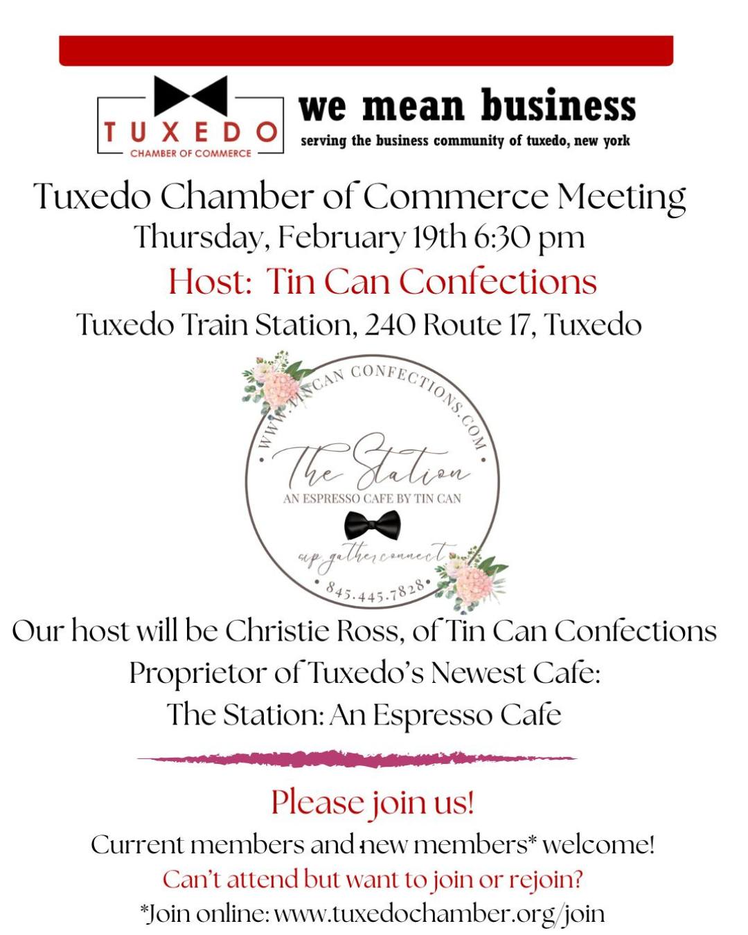 Tuxedo Chamber of Commerce February Meeting Invitation
Thursday, February 19th 6:30 pm at the Tuxedo Train Station. Our host will be hosted by Christie Ross, owner of Tuxedo's newest cafe, The Station: An Espresso Cafe by Tin Can, opening soon at the Tuxedo Train Station. Get a preview of Tuxedo's newest business, where people can "sip, gather & connect"!
All members and potential members are invited! To join, or renew your membership for 2026, please visit our website!
#tuxedochambermember